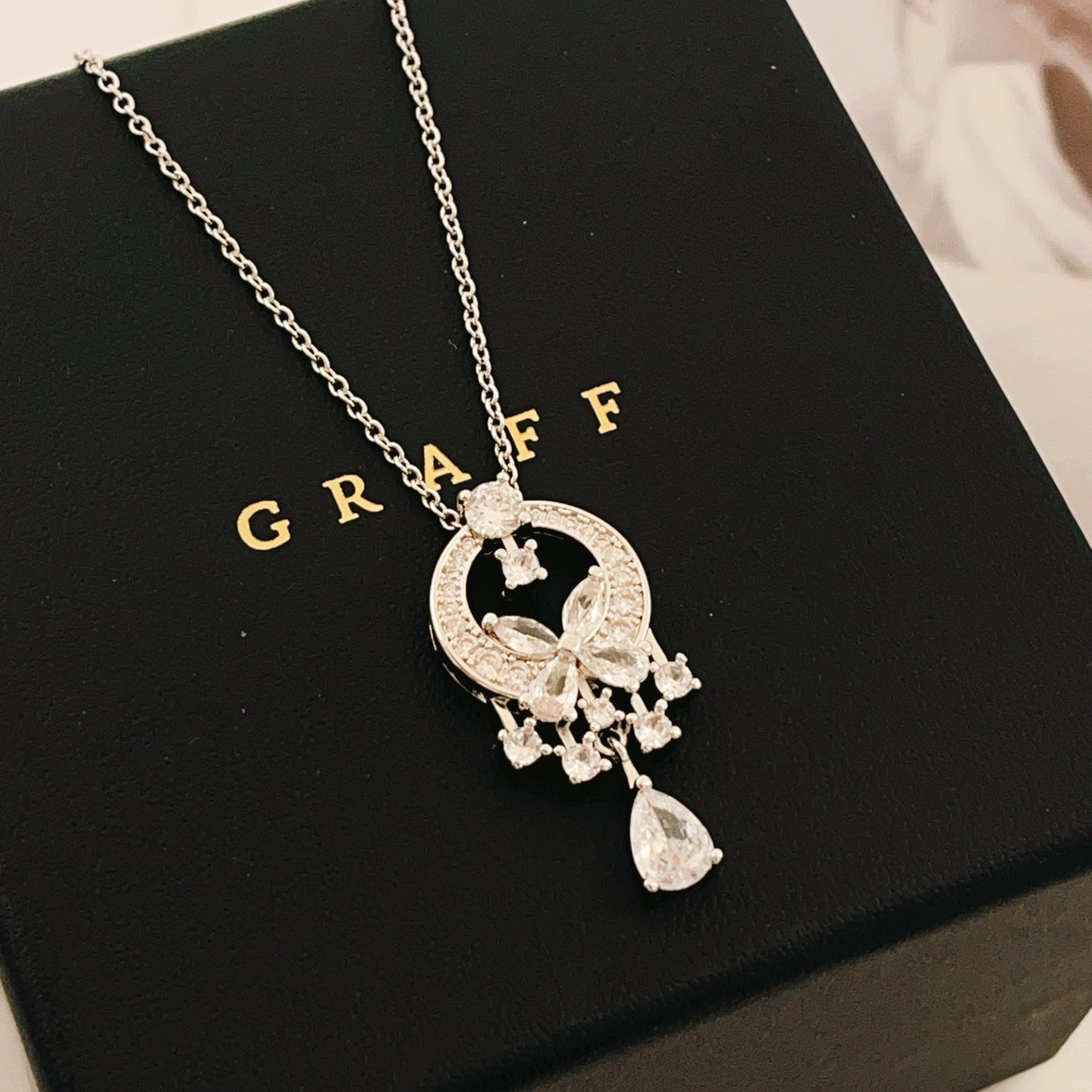 Graff Butterfly Silhouette Diamond Chandelier Pendant necklace White gold with clear diamonds 45cm with 5cm extender