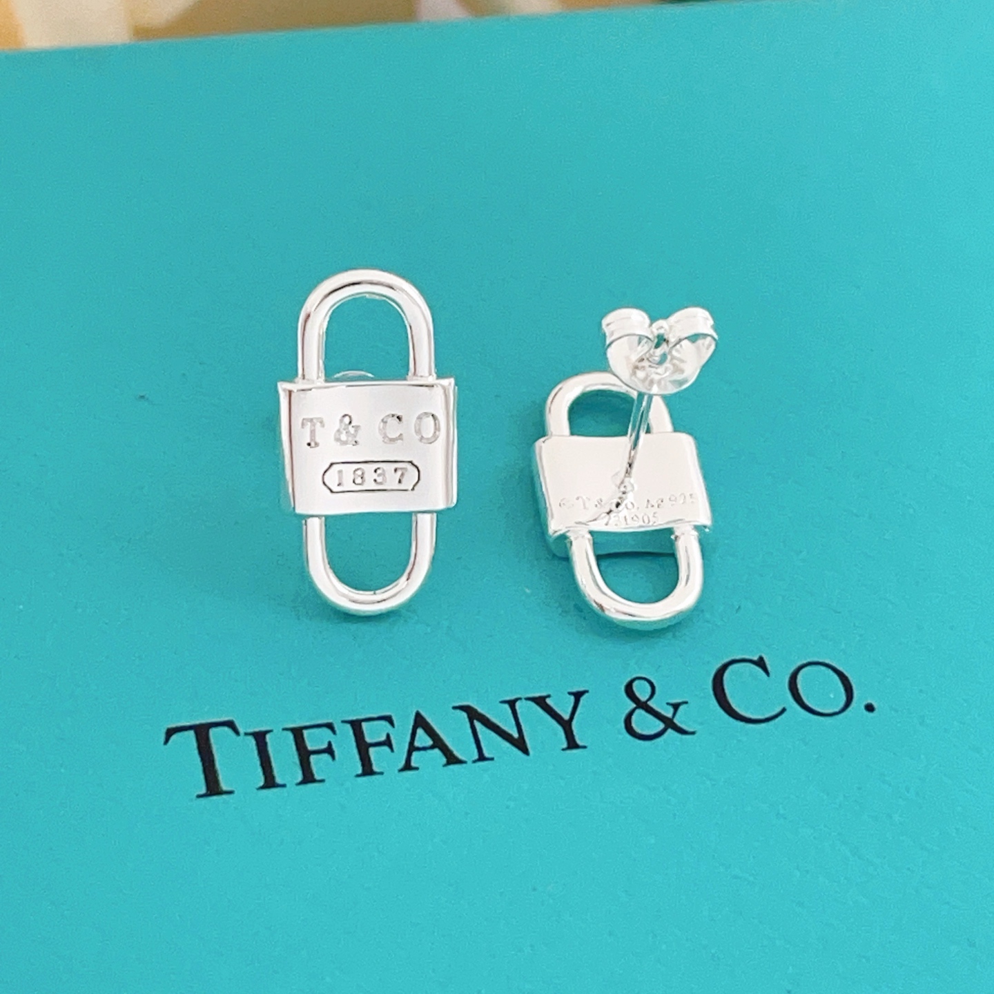 【Tiffany*帝芙尼最新款🆕🆕银色双锁耳钉】一致官网黄铜材质，非常的上镜‼️设计很特别值得入手高级手