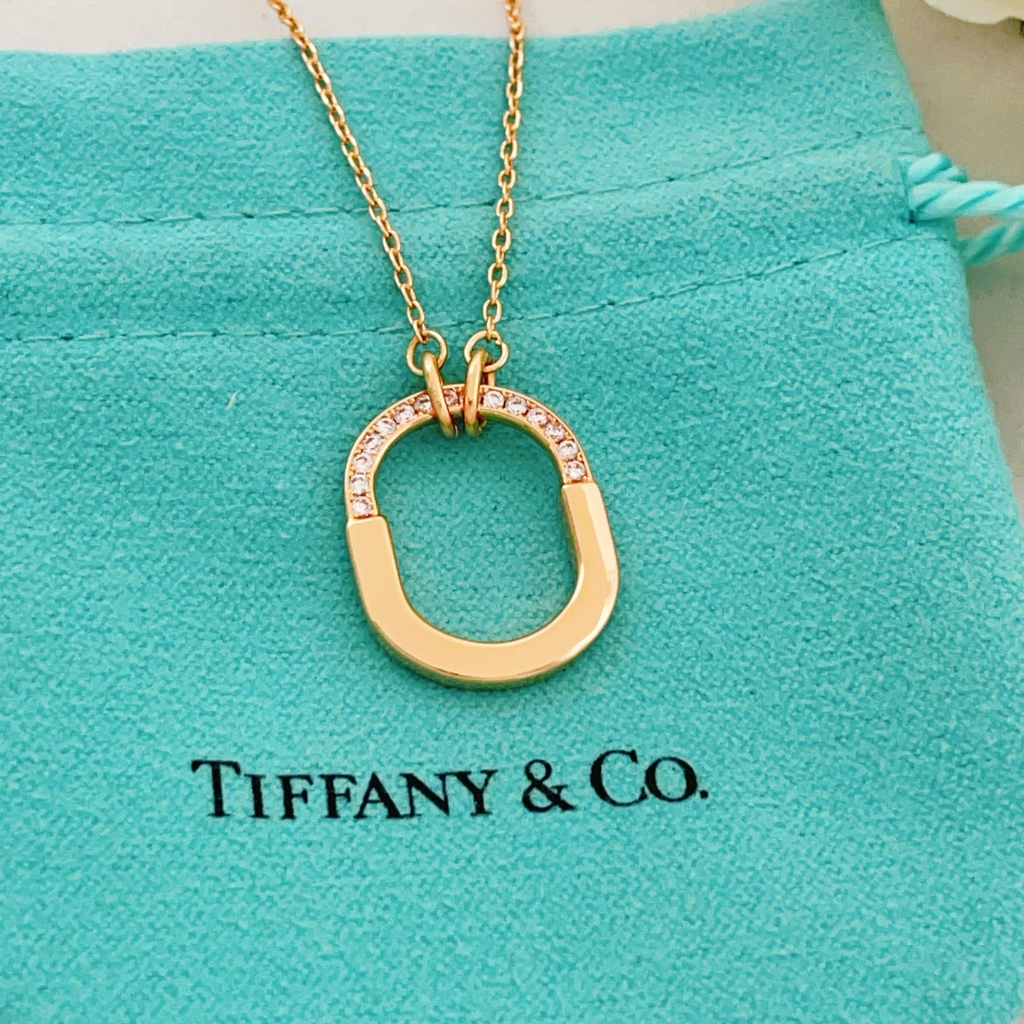 【Tiffany*帝芙尼最新款🆕🆕玫瑰金半钻U锁项链】一致官网黄铜材质，非常的上镜‼️设计很特别值得入手