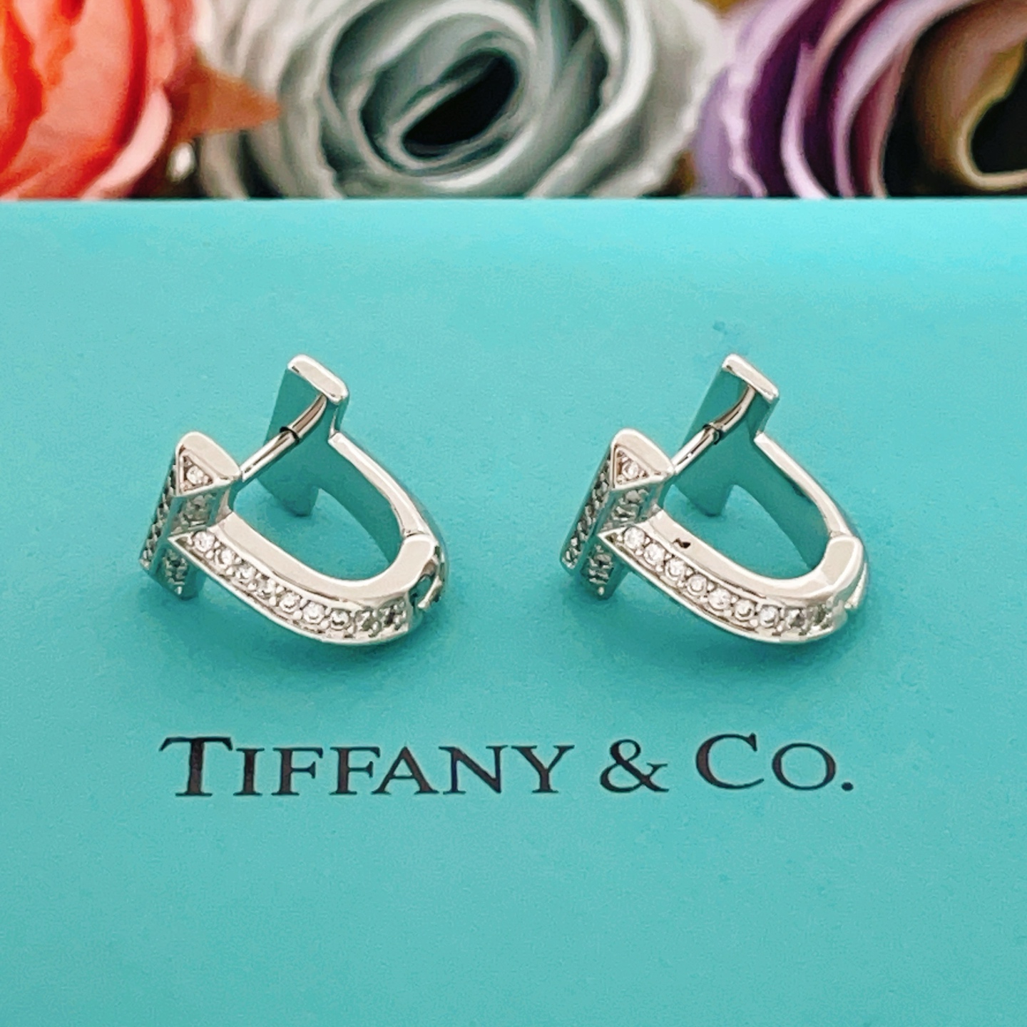【Tiffany*帝芙尼最新款🆕🆕银色镶钻马蹄耳钉】一致官网黄铜材质，非常的上镜‼️设计很特别值得入手。