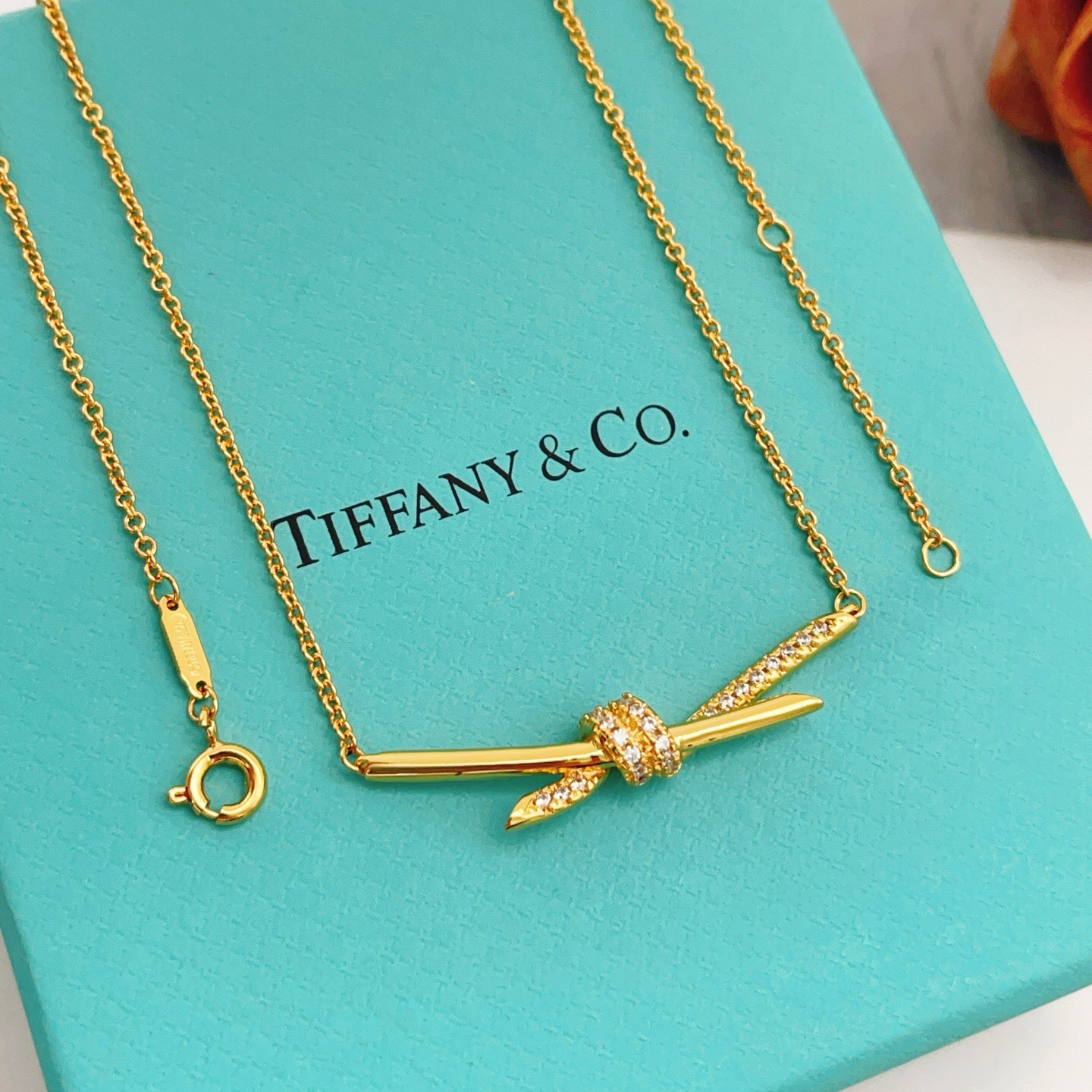 【Tiffany*帝芙尼最新款🆕🆕金色白钻绳结项链】一致官网黄铜材质，非常的上镜‼️设计很特别值得入手。