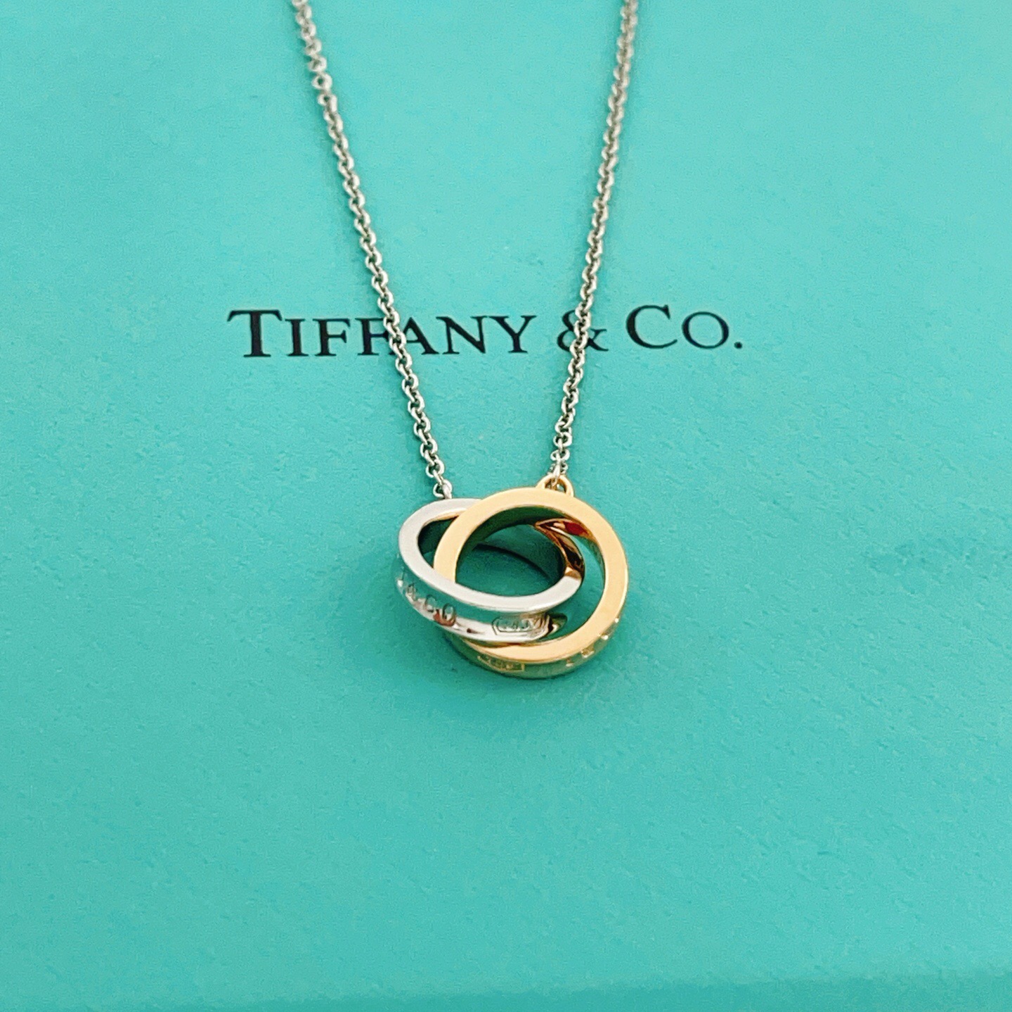 【Tiffany*帝芙尼最新款🆕🆕银色拼色双环项链】一致官网黄铜材质，非常的上镜‼️设计很特别值得入手。