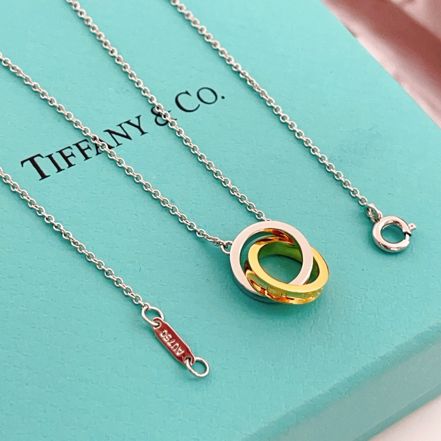 【Tiffany*帝芙尼最新款🆕🆕银色拼色双环项链】一致官网黄铜材质，非常的上镜‼️设计很特别值得入手。