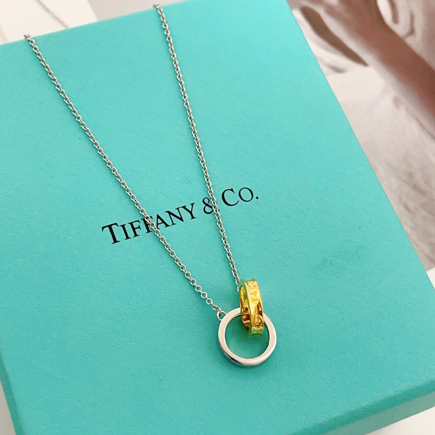 【Tiffany*帝芙尼最新款🆕🆕银色拼色双环项链】一致官网黄铜材质，非常的上镜‼️设计很特别值得入手。