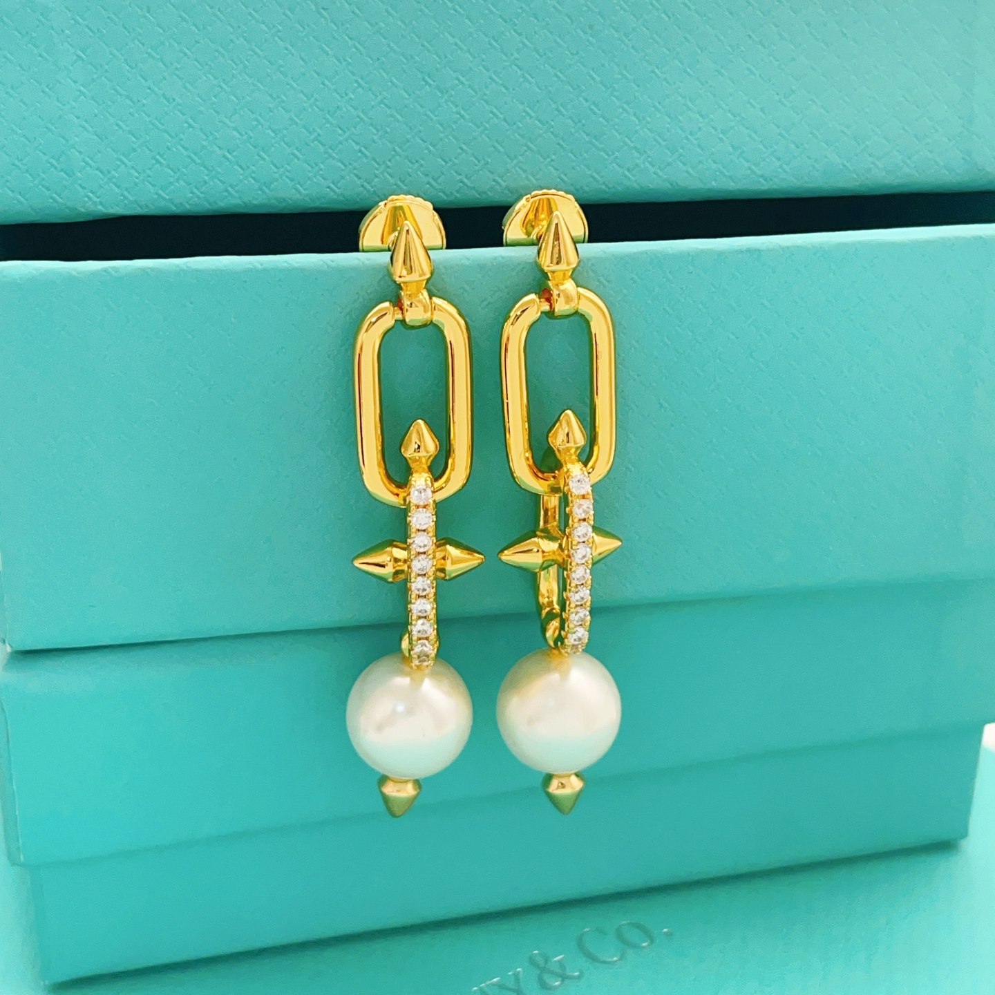 【Tiffany*帝芙尼最新款🆕🆕金色镶钻流苏大号钉子耳钉】一致官网黄铜材质，非常的上镜‼️设计很特别值