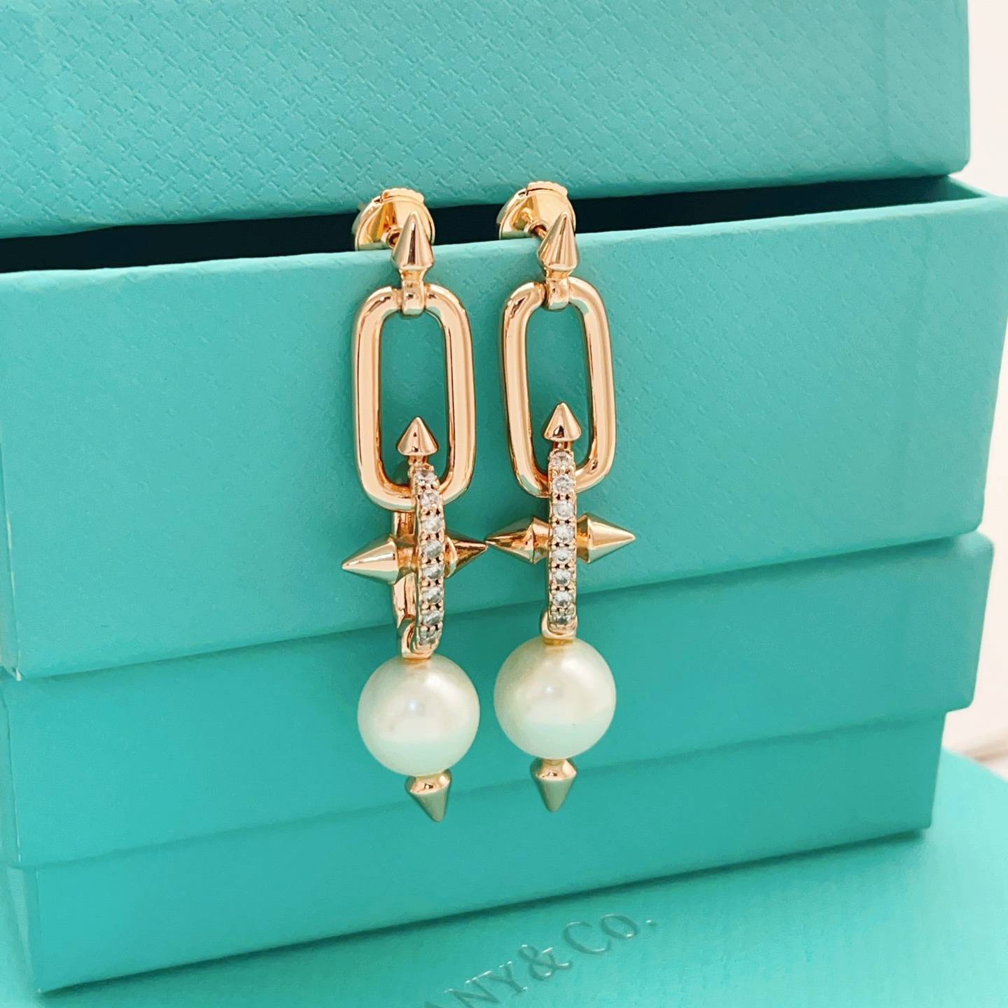 【Tiffany*帝芙尼最新款🆕🆕玫瑰金镶钻流苏大号钉子耳钉】一致官网黄铜材质，非常的上镜‼️设计很特别