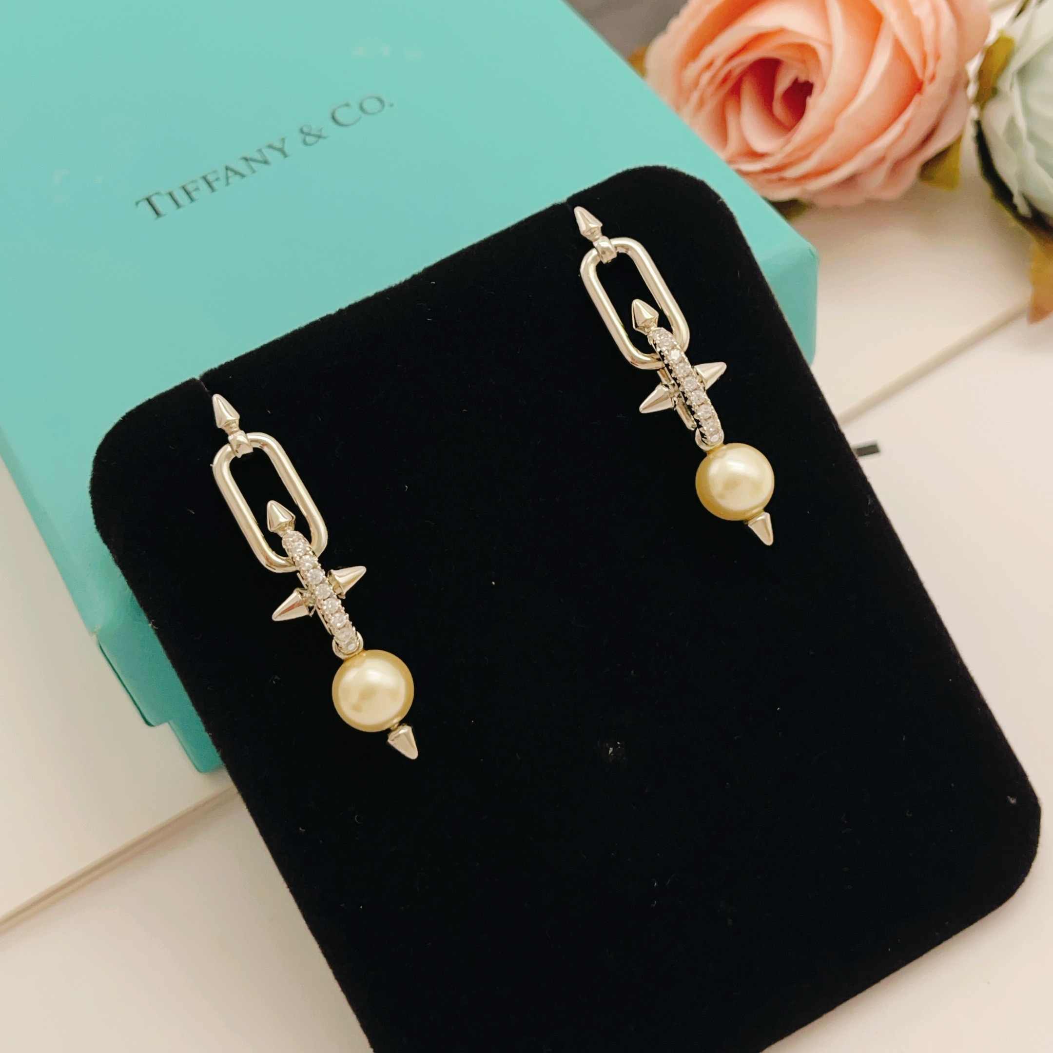 【Tiffany*帝芙尼最新款🆕🆕银色镶钻流苏小号钉子耳钉】一致官网黄铜材质，非常的上镜‼️设计很特别值