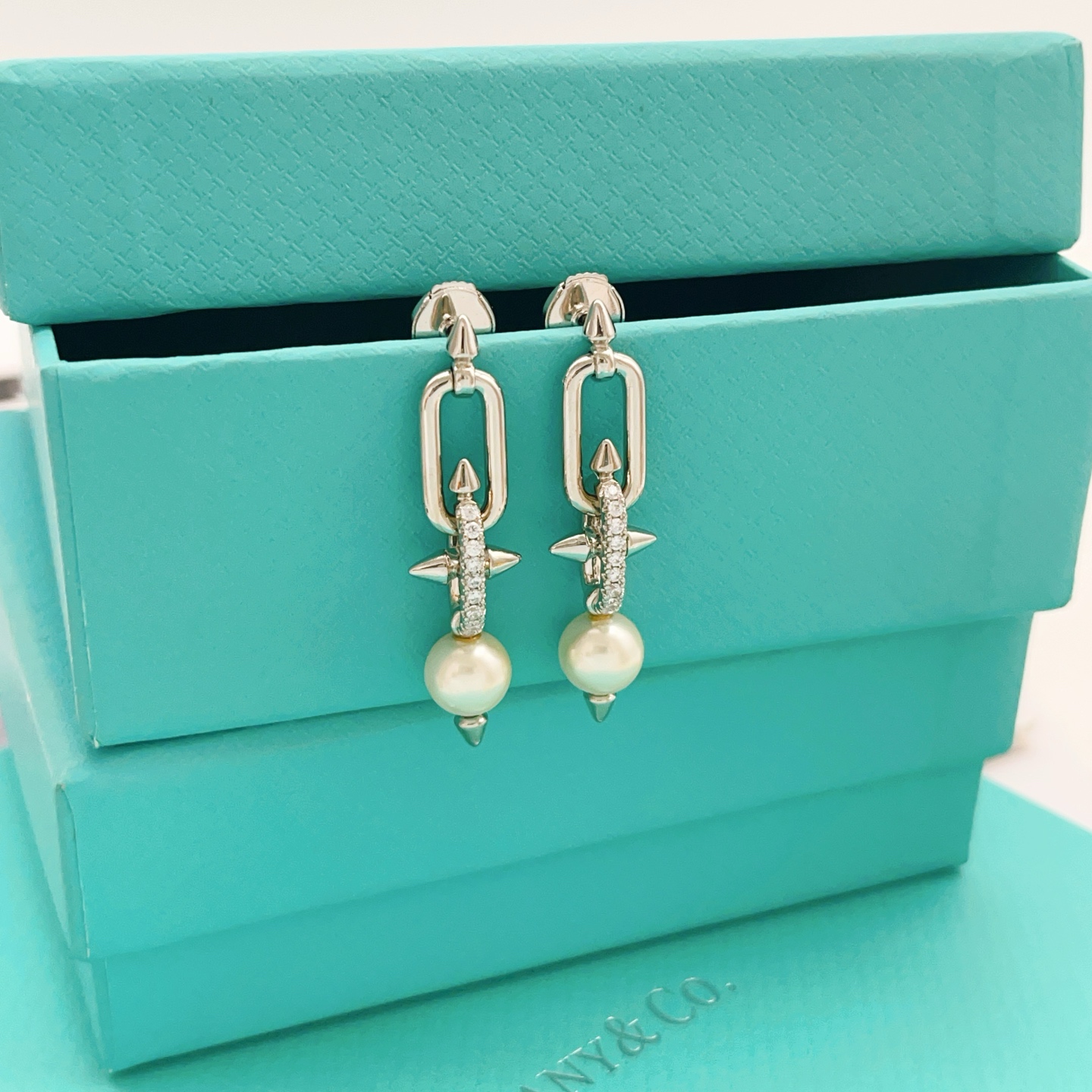 【Tiffany*帝芙尼最新款🆕🆕银色镶钻流苏小号钉子耳钉】一致官网黄铜材质，非常的上镜‼️设计很特别值