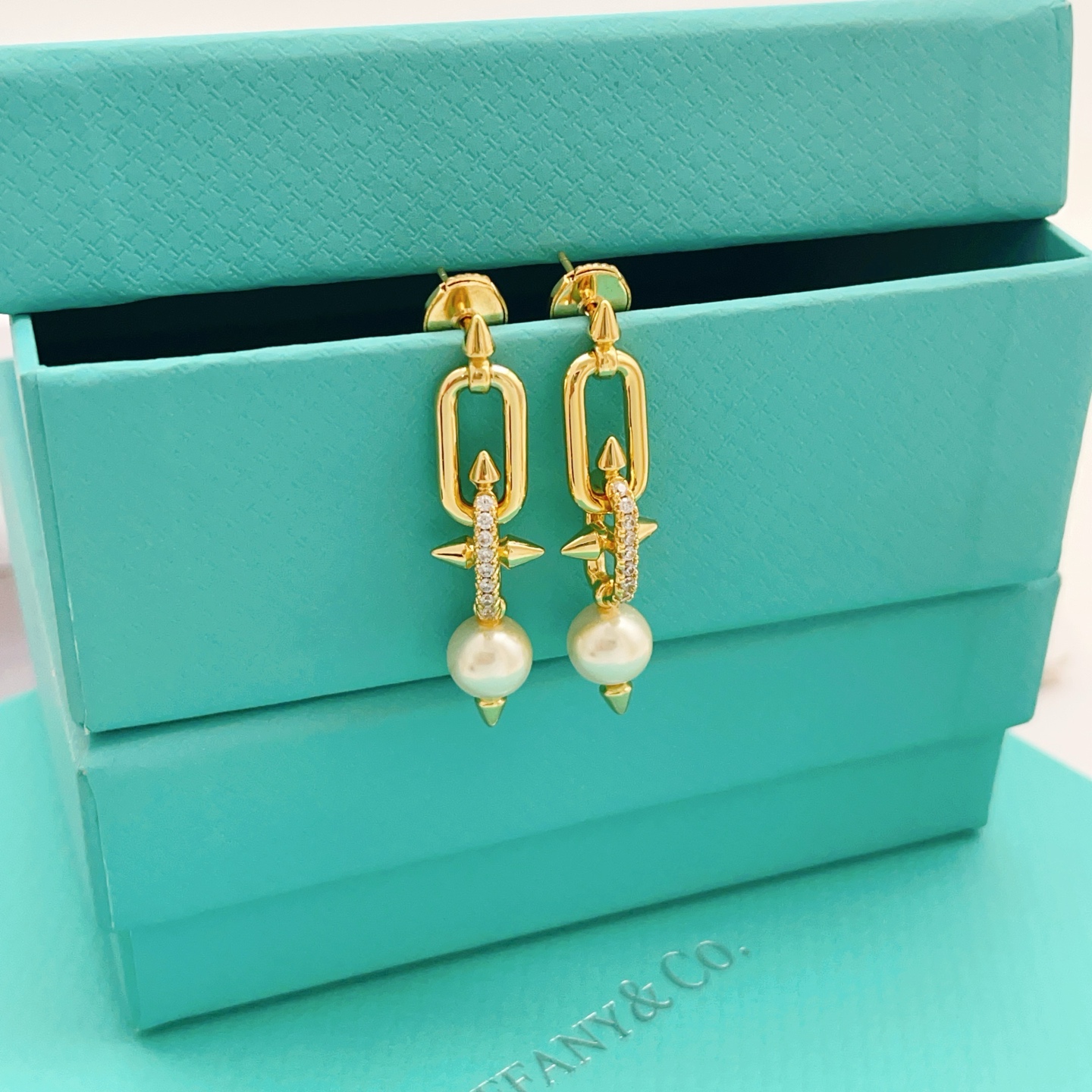 【Tiffany*帝芙尼最新款🆕🆕金色镶钻流苏小号钉子耳钉】一致官网黄铜材质，非常的上镜‼️设计很特别值