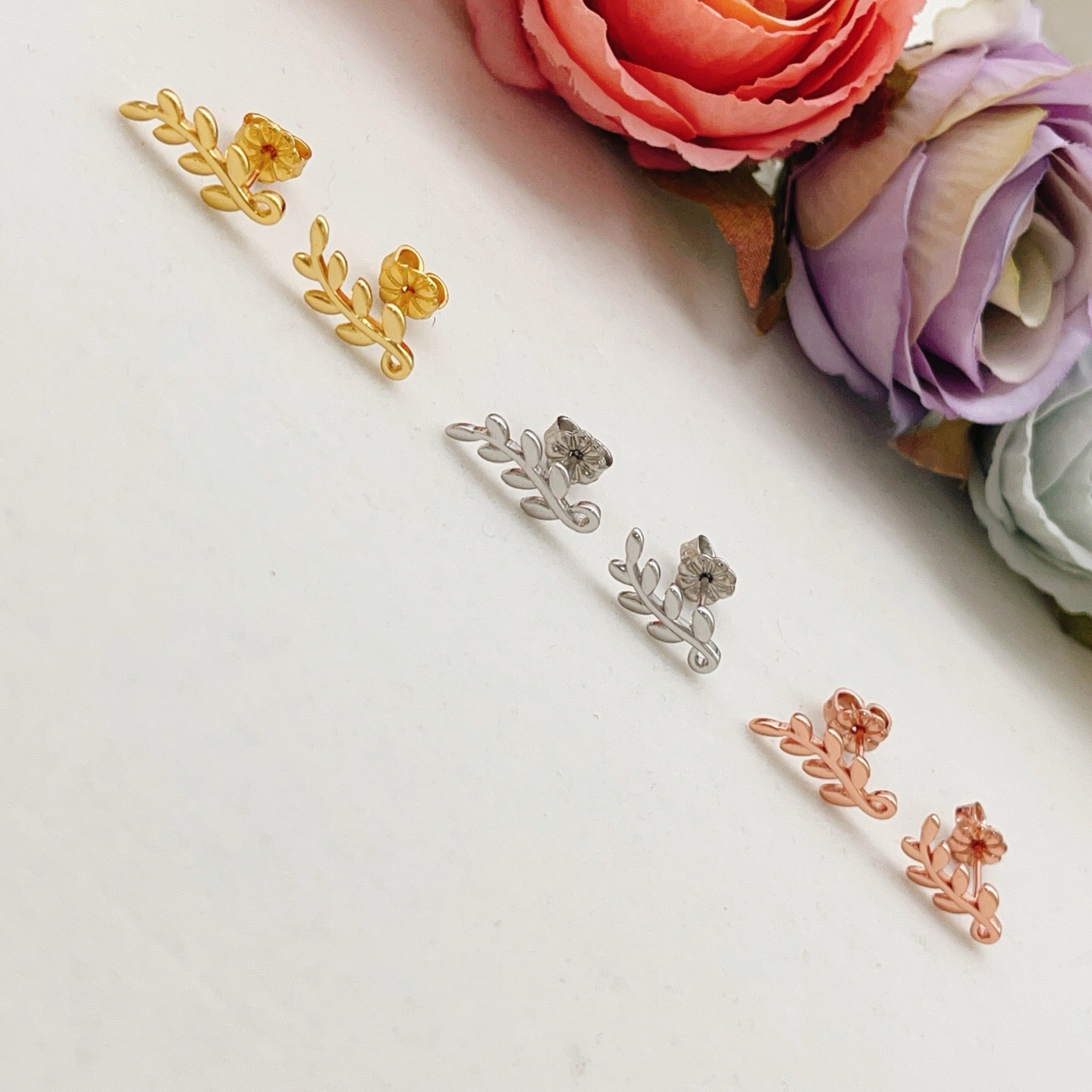 TE015金色TE076银色TE077玫瑰金【Tiffany*帝芙尼最新款🆕🆕三色叶片耳钉】一致官网黄铜