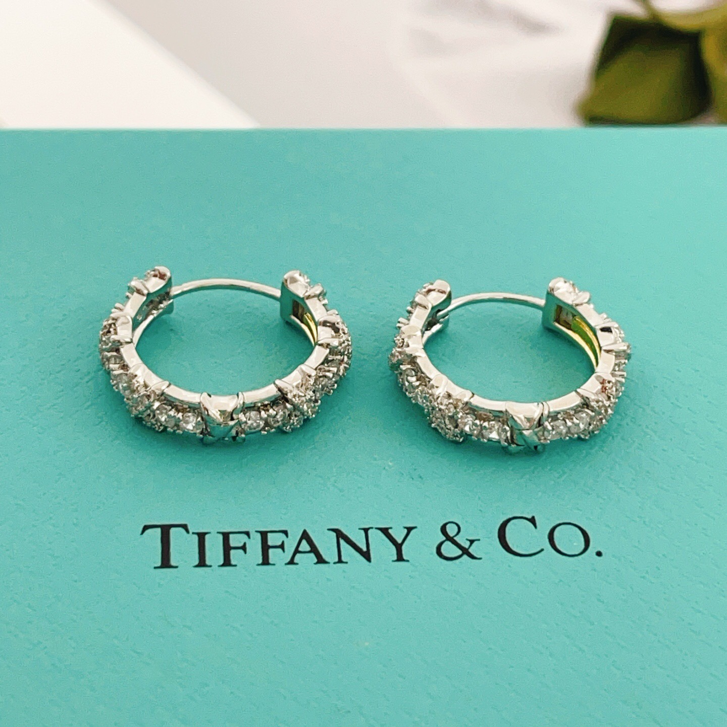 【Tiffany*帝芙尼最新款🆕🆕银色满钻圆形X耳钉】一致官网黄铜材质，非常的上镜‼️设计很特别值得入手