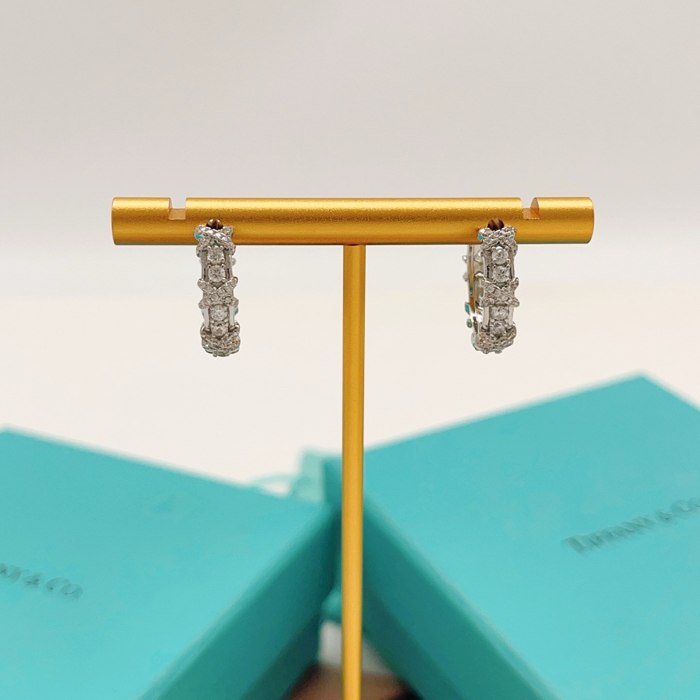 【Tiffany*帝芙尼最新款🆕🆕银色满钻半圆形X耳钉】一致官网黄铜材质，非常的上镜‼️设计很特别值得入