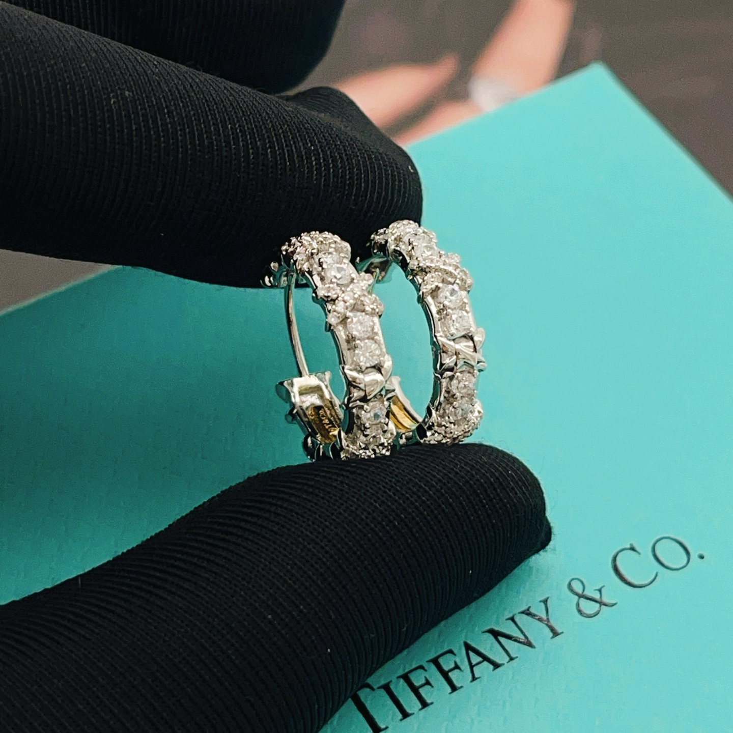 【Tiffany*帝芙尼最新款🆕🆕银色满钻半圆形X耳钉】一致官网黄铜材质，非常的上镜‼️设计很特别值得入