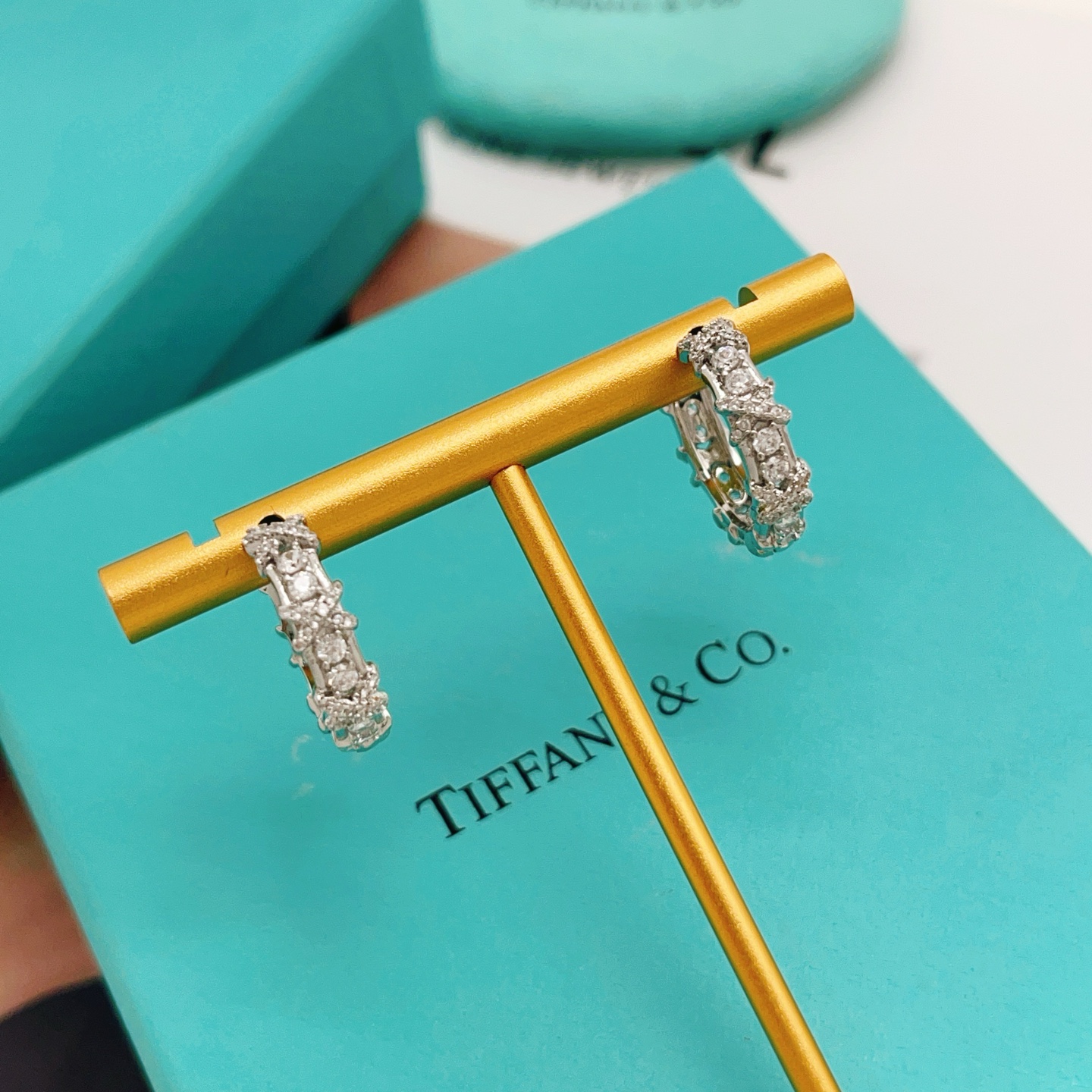 【Tiffany*帝芙尼最新款🆕🆕银色满钻半圆形X耳钉】一致官网黄铜材质，非常的上镜‼️设计很特别值得入