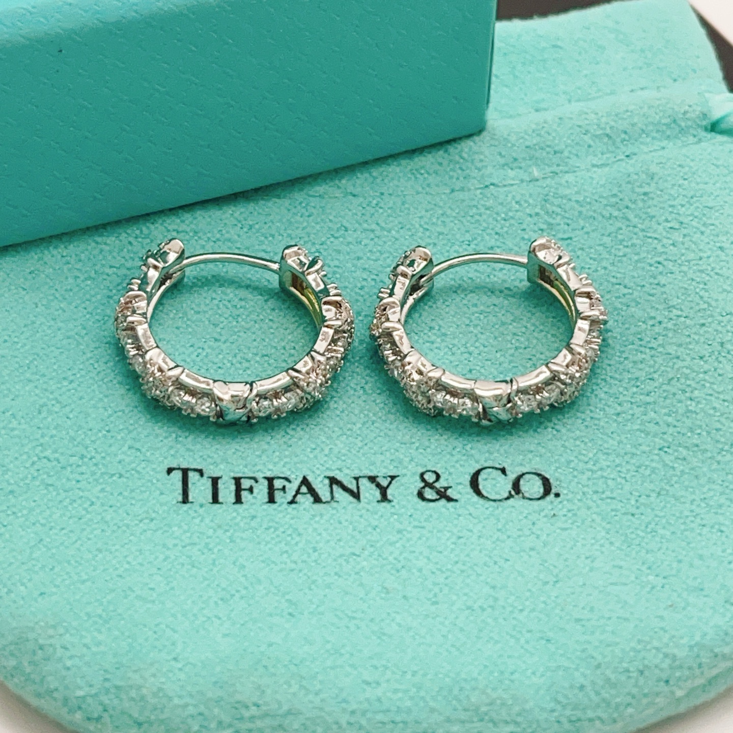 【Tiffany*帝芙尼最新款🆕🆕银色满钻半圆形X耳钉】一致官网黄铜材质，非常的上镜‼️设计很特别值得入