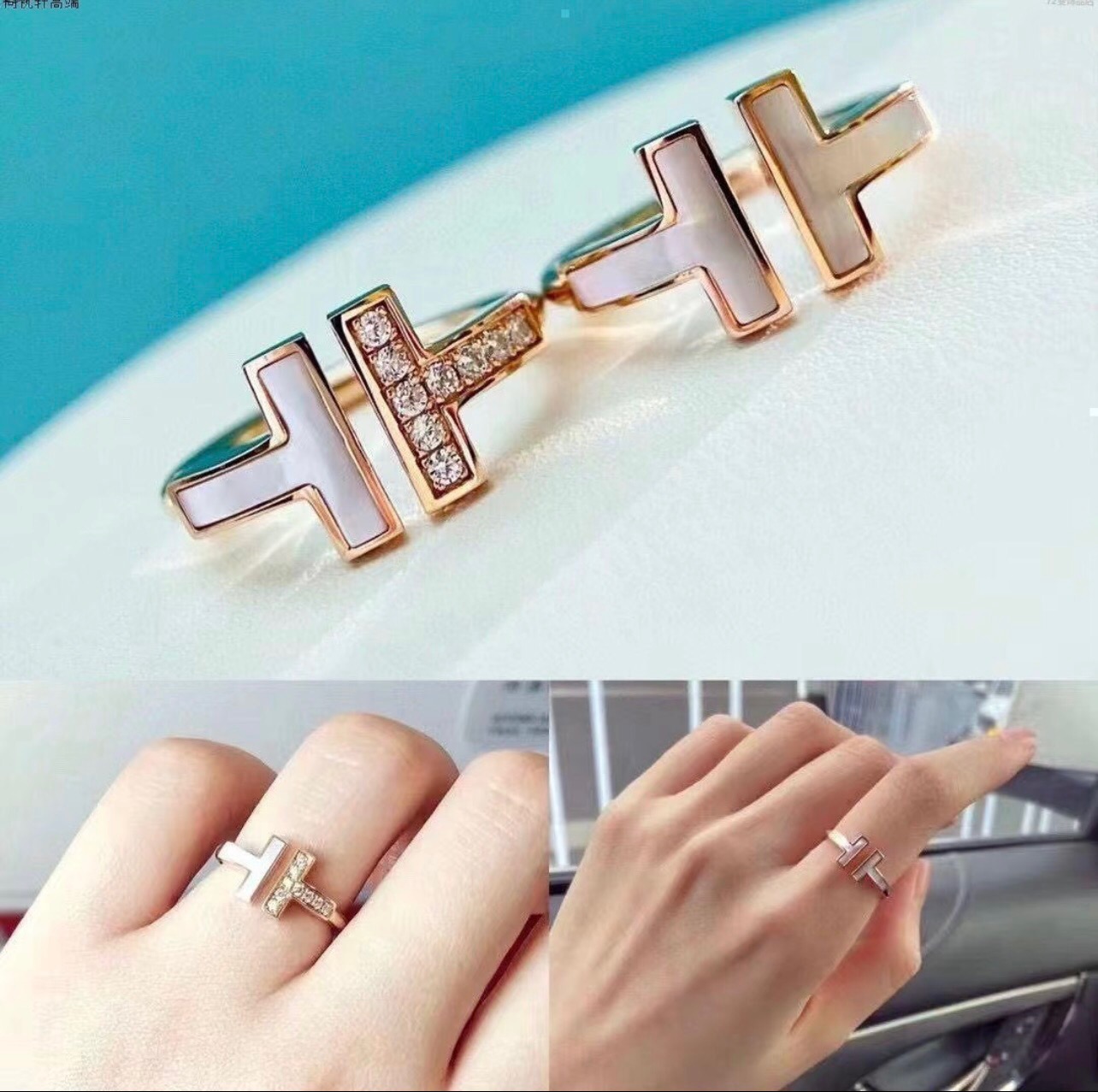 尺寸码6，7，8【Tiffany*帝芙尼最新款🆕🆕玫瑰金白贝边钻双T戒指】一致官网黄铜材质，非常的上镜‼