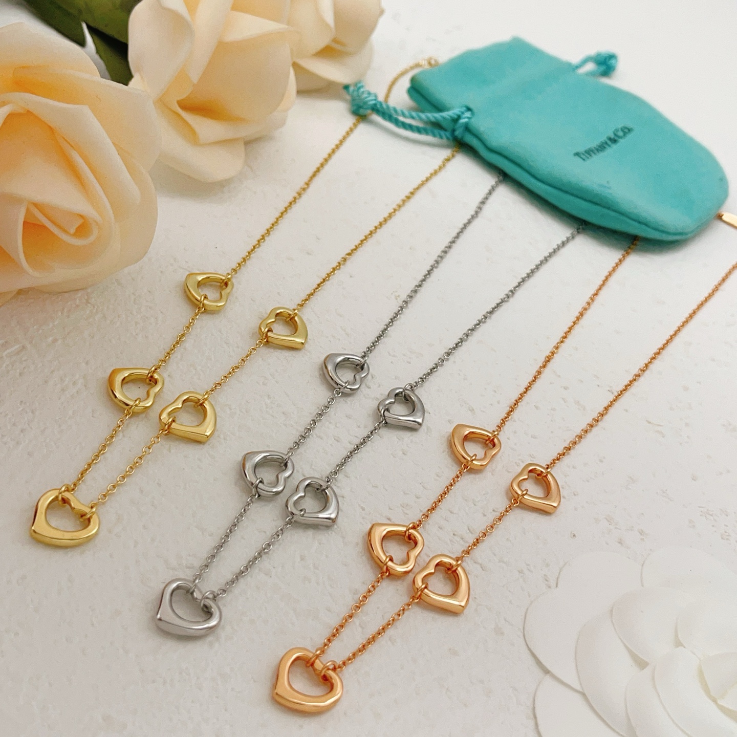 Tiffany Co Open Heart necklace Rose gold metal no gemstones 45cm