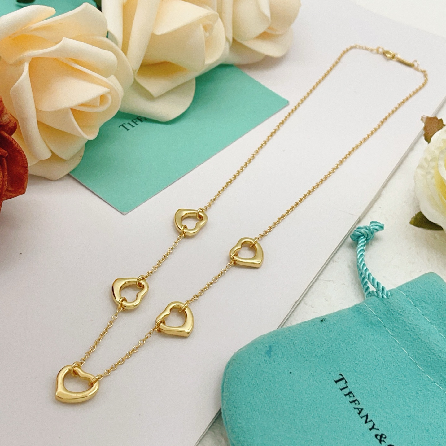 Tiffany Co Open Heart necklace gold tone metal no gemstones 40cm