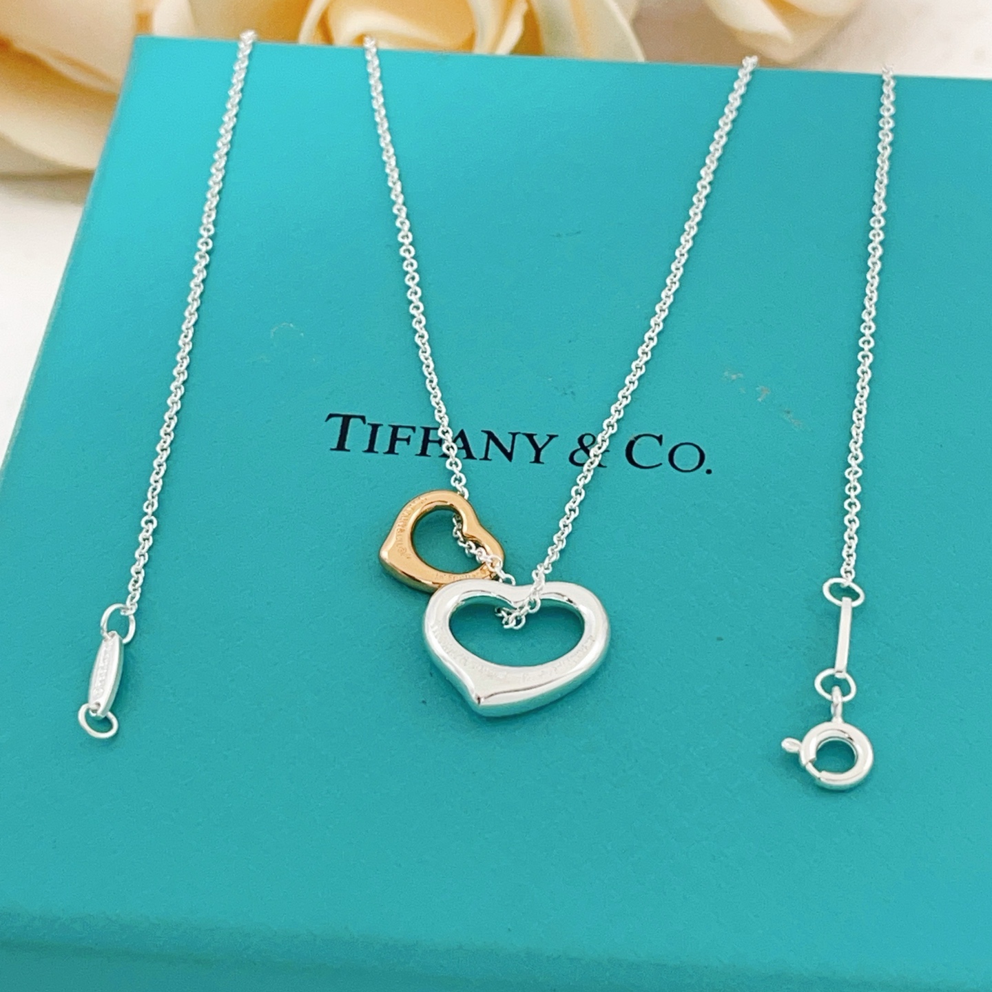 Tiffany Co Open Heart necklace sterling silver and 18k rose gold 16 inches with 2 inch extender