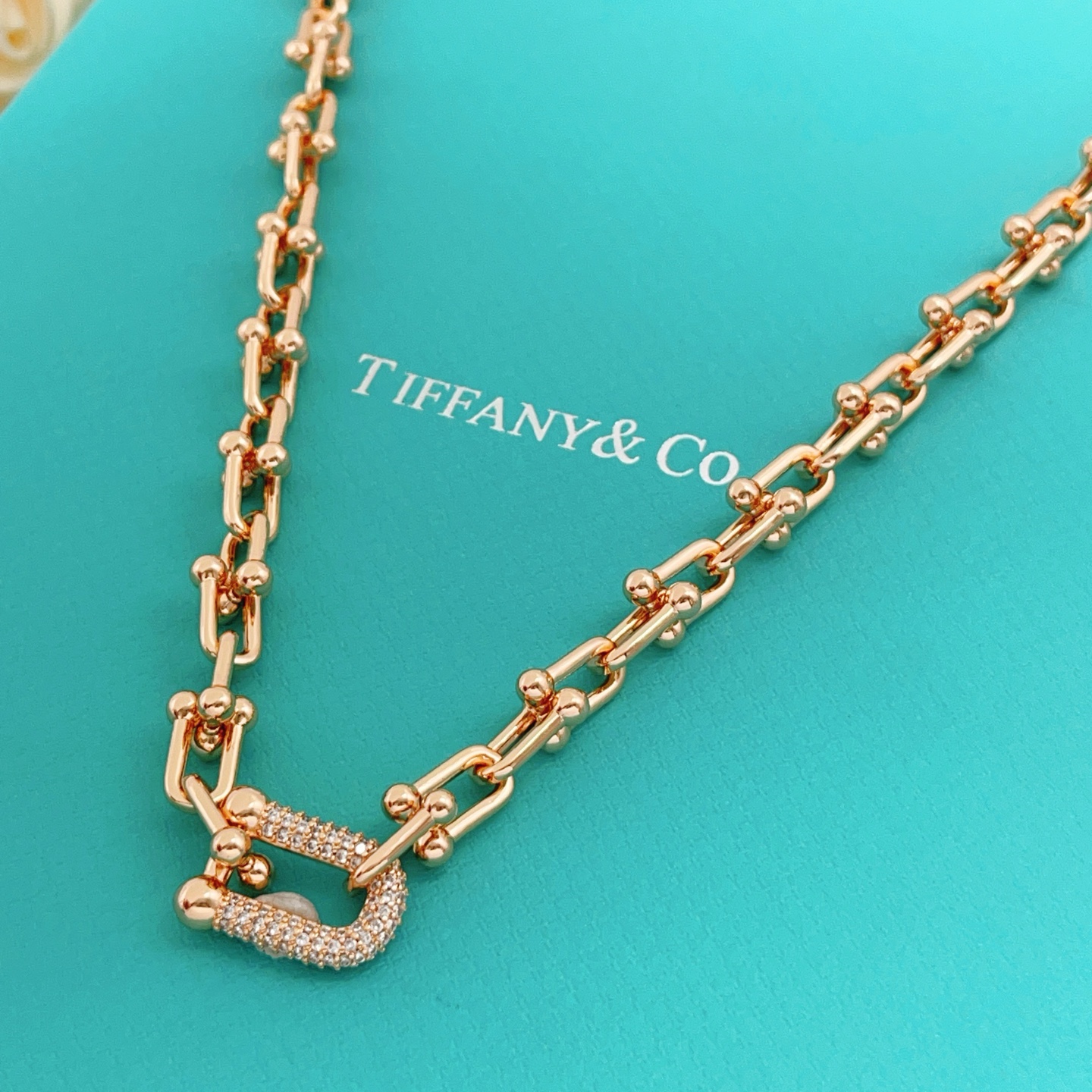 Tiffany Co HardWear necklace rose gold with clear pave diamonds 18 inches