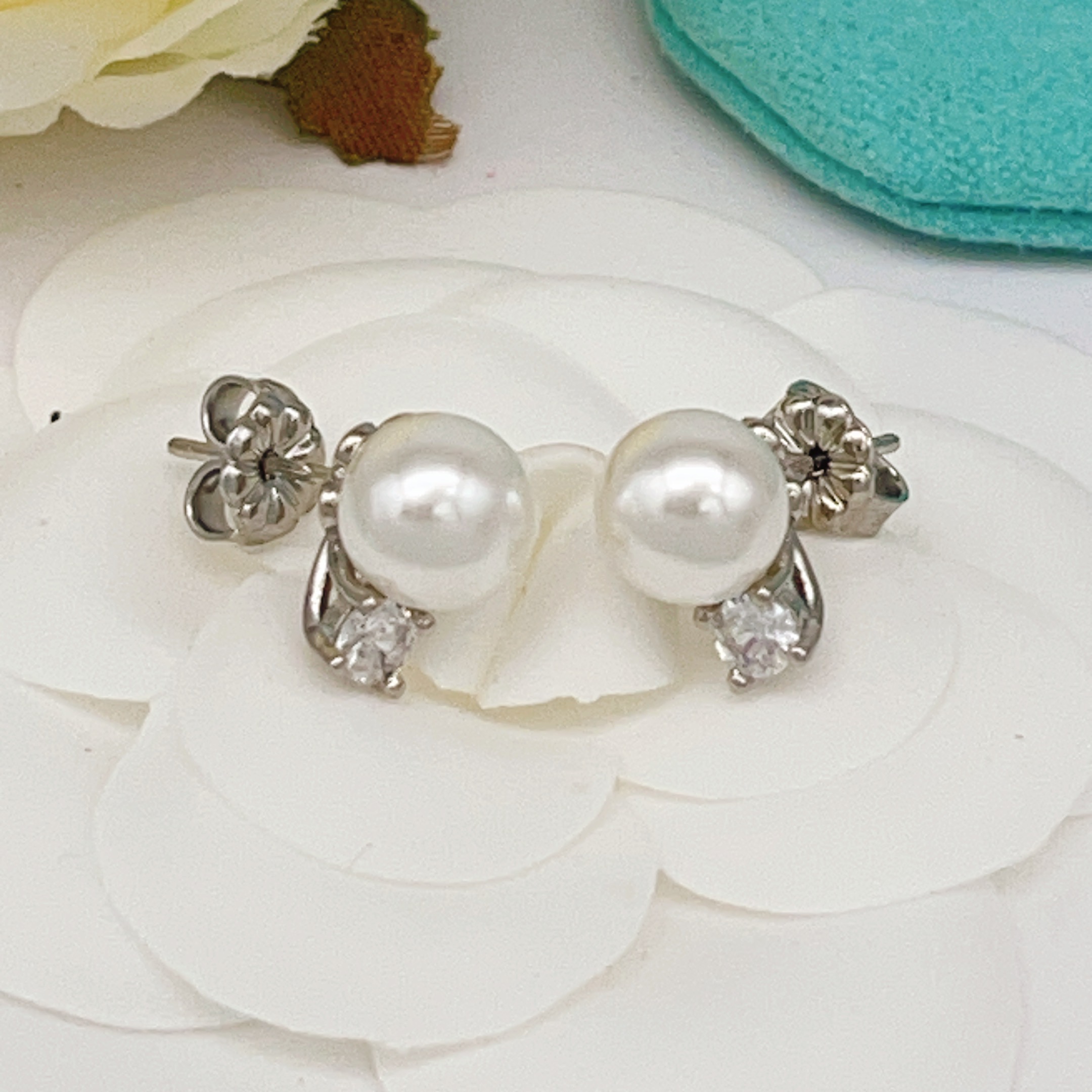 Tiffany Pearl Diamond Stud Earrings earrings silver-toned metal white freshwater pearl clear diamond accent 8mm pearl diameter