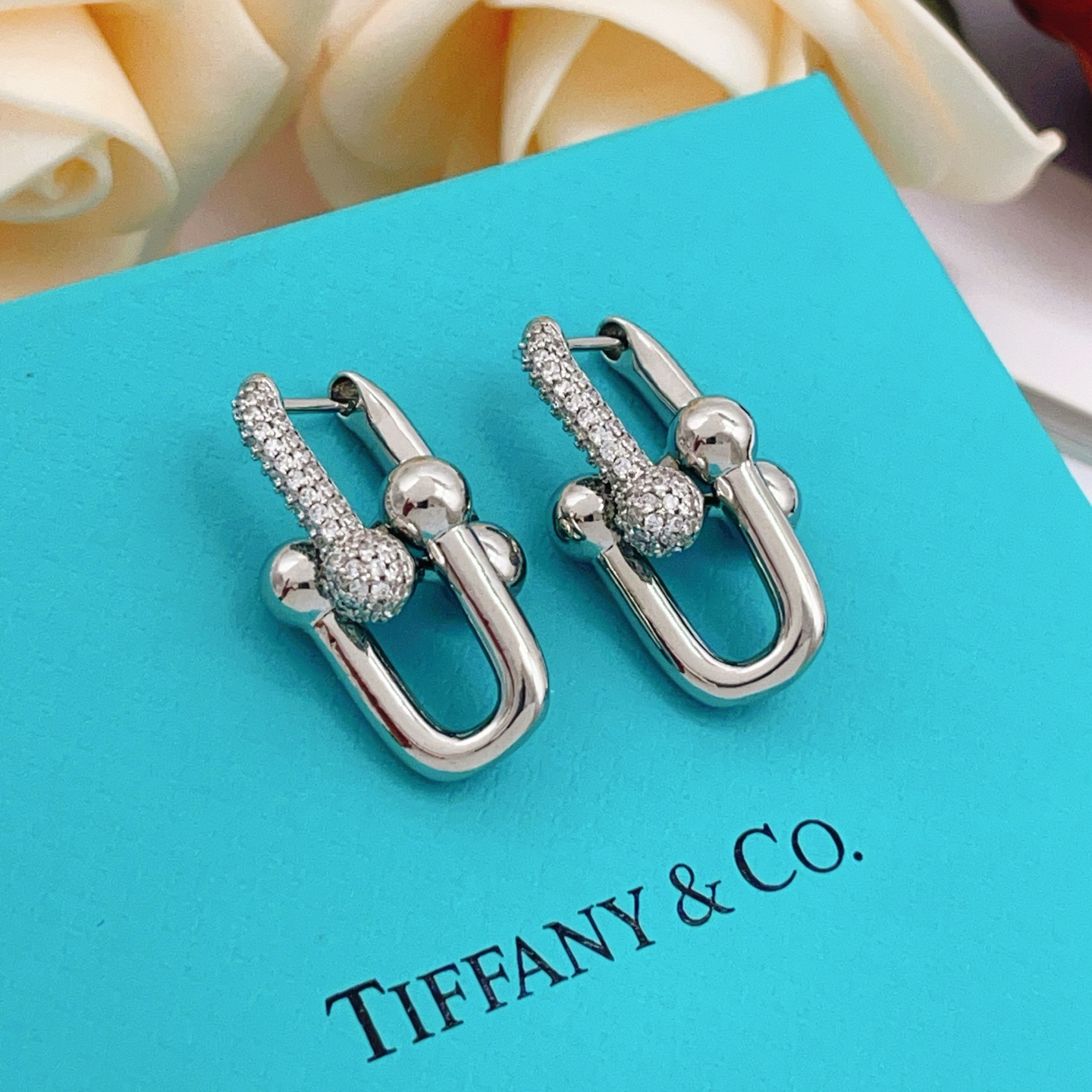 Tiffany Co HardWear earrings silver-toned metal with clear pave diamonds 2 5cm drop length