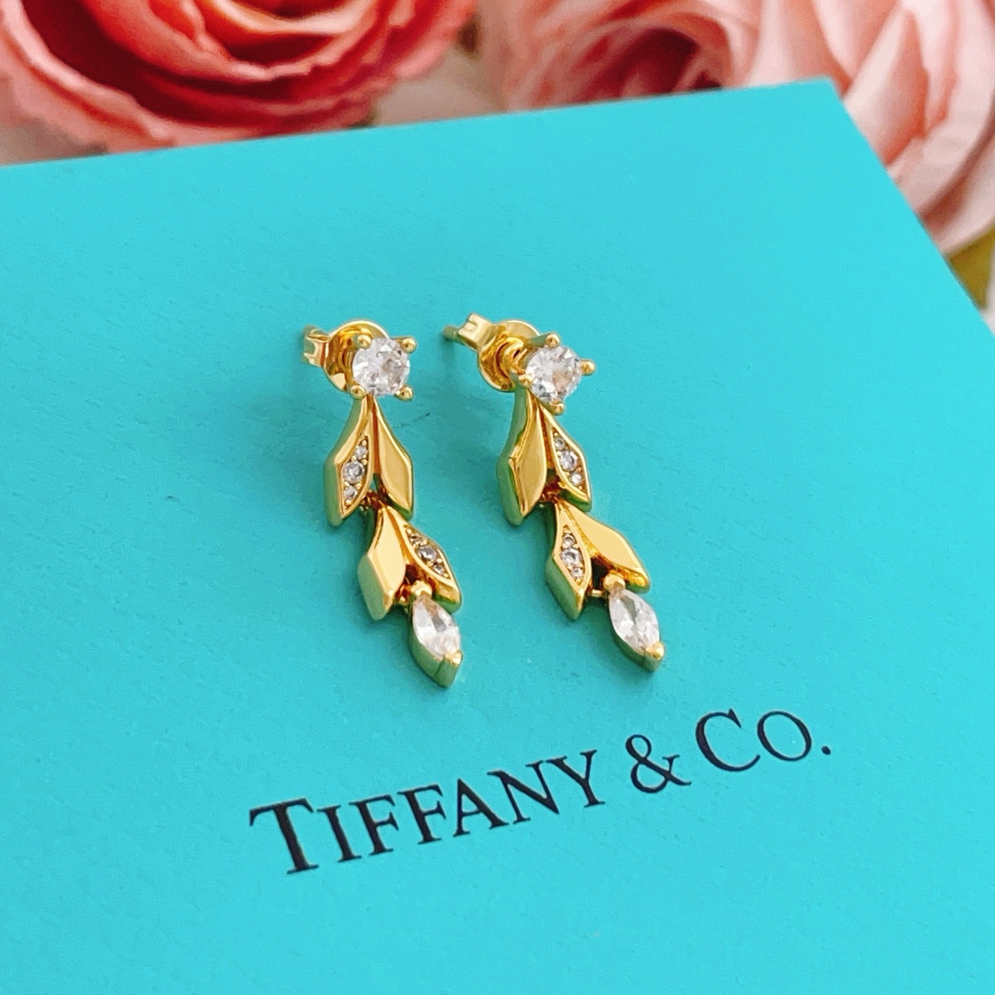 Tiffany Co Leaf Drop earrings yellow gold with clear faceted gemstones 2 5cm drop length