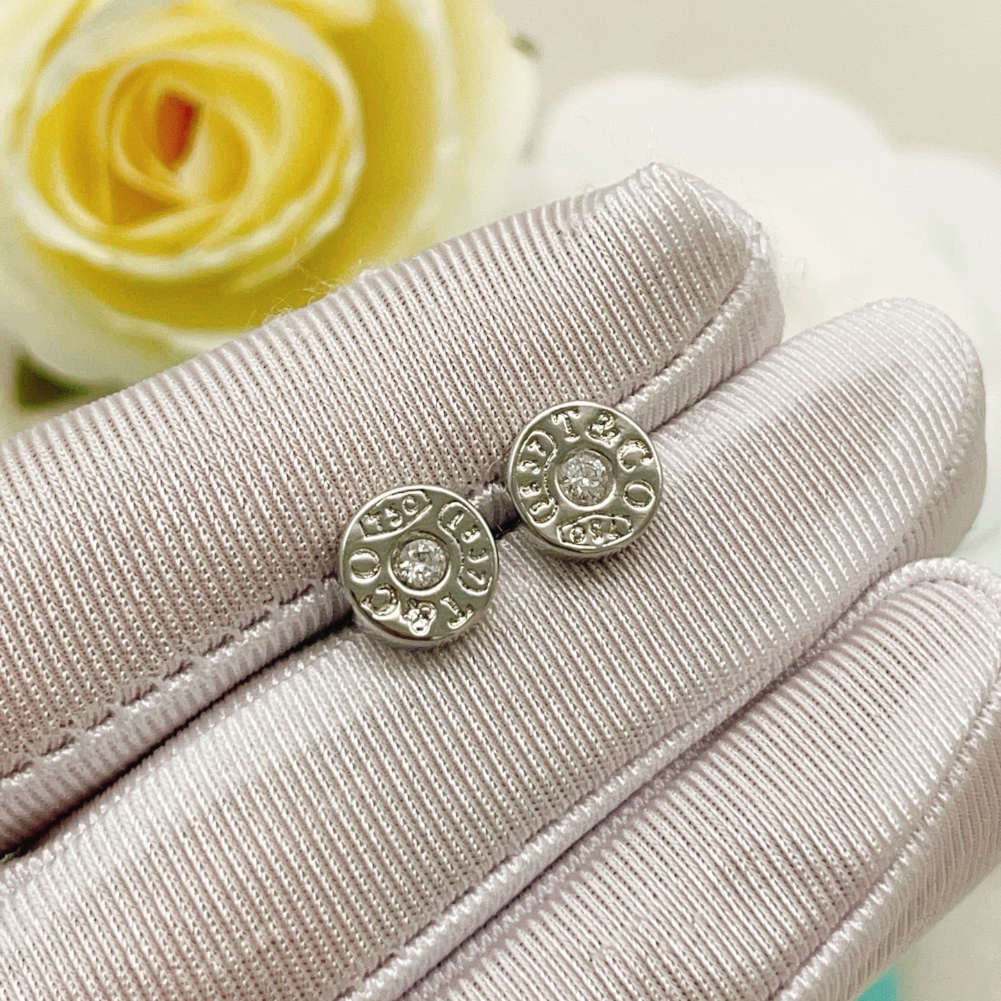 Tiffany Co 1837 earrings 18k white gold clear diamond 8mm stud diameter