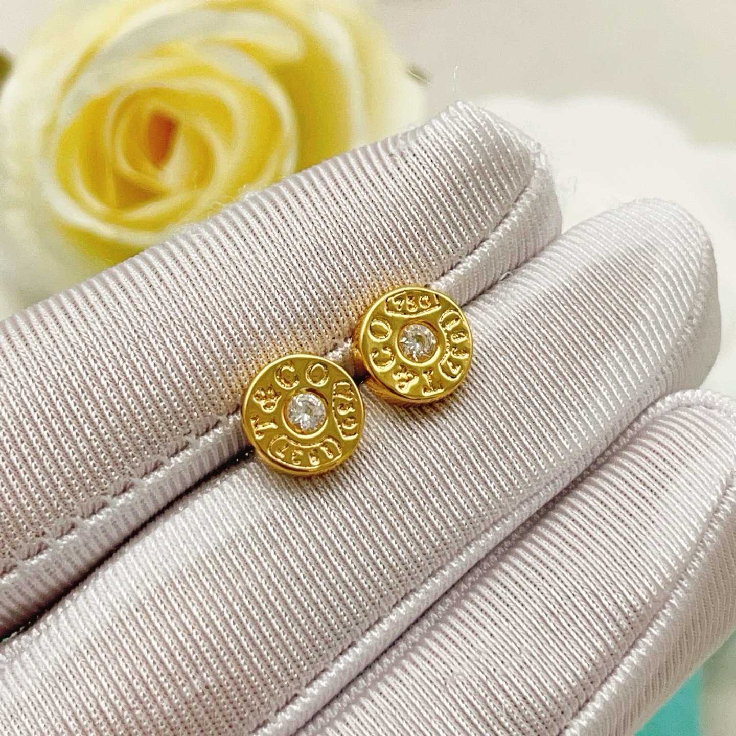 Tiffany Co 1837 Circle Stud Earrings earrings 18k yellow gold with clear round diamond accents 8mm diameter