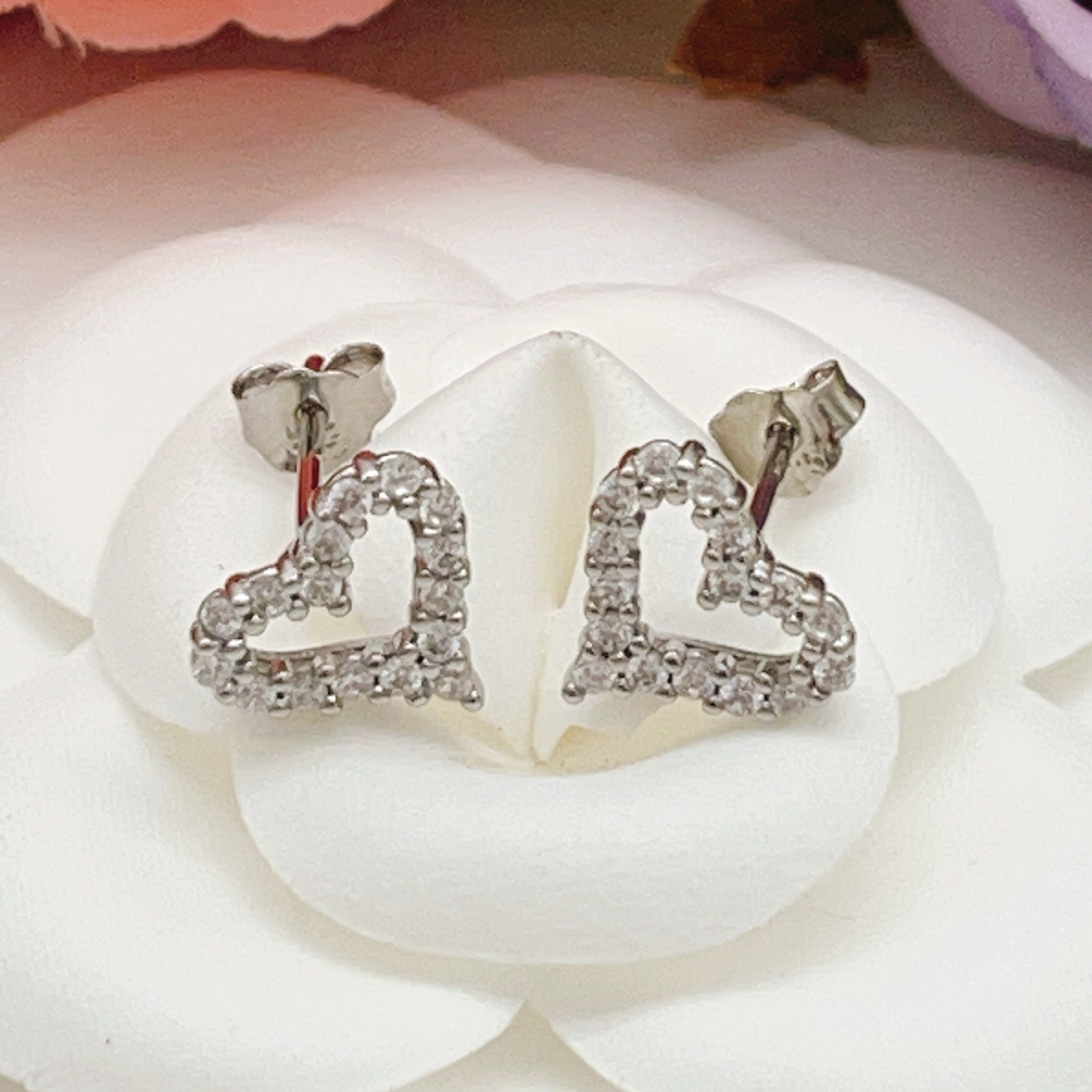 Tiffany Co Diamond Open Heart earrings silver-toned white gold with clear diamonds 8mm stud length