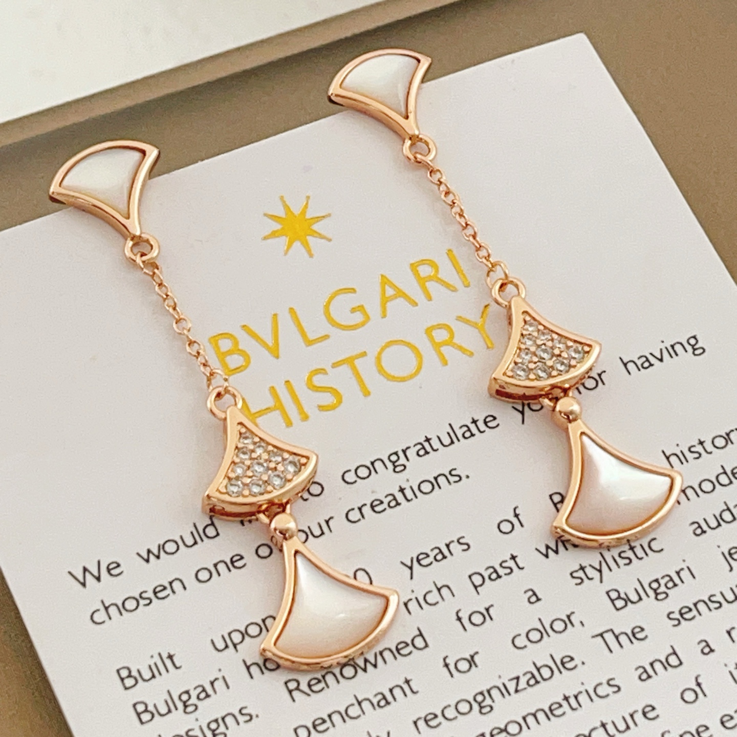 Bvlgari Divas Dream earrings Rose gold metal with white mother-of-pearl and clear pave diamonds 3 8cm drop length