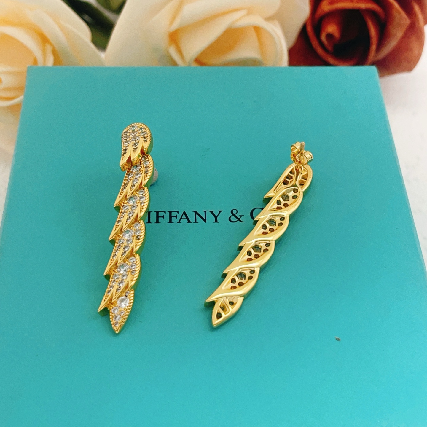 Tiffany Feather Drop Earrings earrings Yellow gold with clear diamond simulants 4cm length