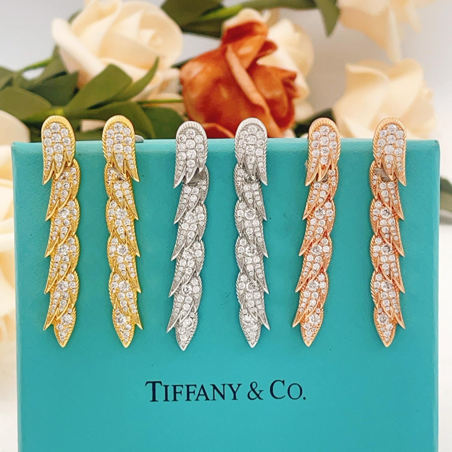 Tiffany Co Feather Pave Drop Earrings earrings Available in 18k yellow gold with clear diamonds 18k white gold with clear diamonds 18k rose gold with clear diamonds 4 5cm drop length