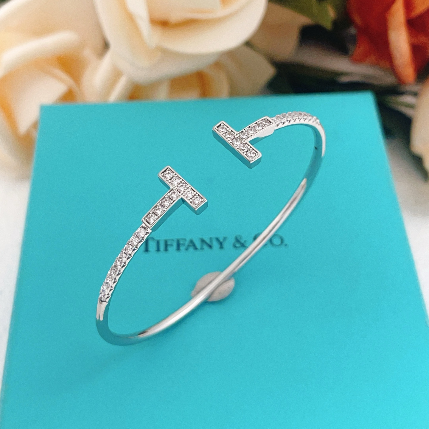 Tiffany Co T Wire bracelet 18k white gold with pave diamonds 17cm