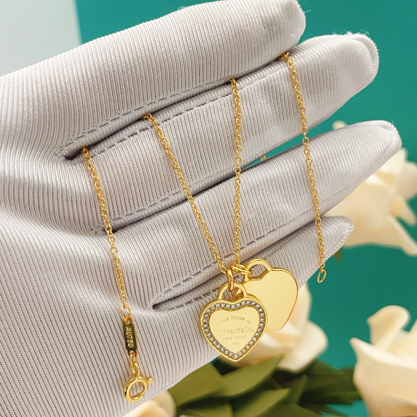 Tiffany Co Return to Tiffany Double Heart Tag necklace Yellow gold with clear diamond accents 16 inches