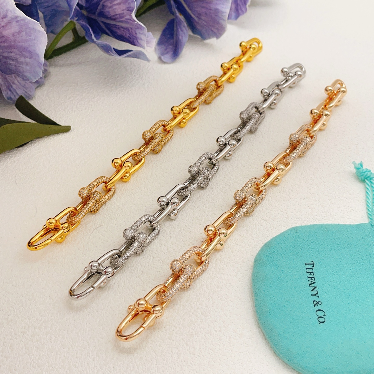 TS075 银色 TS076 金色 TS077 玫瑰金 【Tiffany*帝芙尼最新款🆕🆕三色镶钻马蹄手链】一致官网黄铜