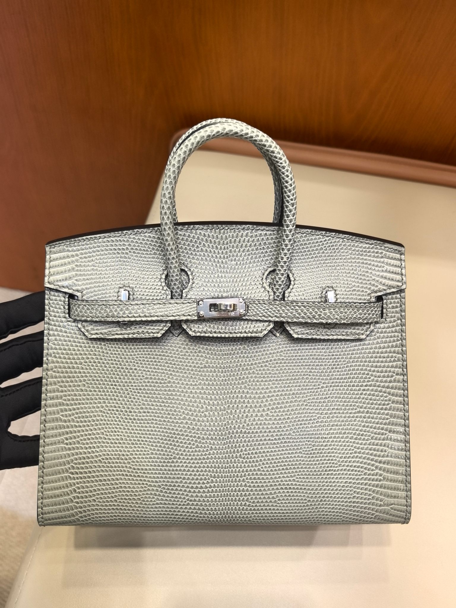 Hermes BK 20cm Crystal Gray Lizard Leather Silver Buckle Top Handle Bag