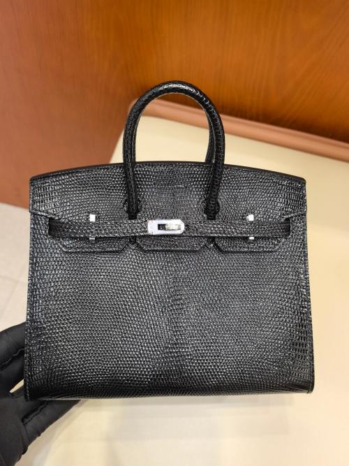 Hermes Birkin 20cm Black Lizard Leather Silver Hardware Top Handle Bag