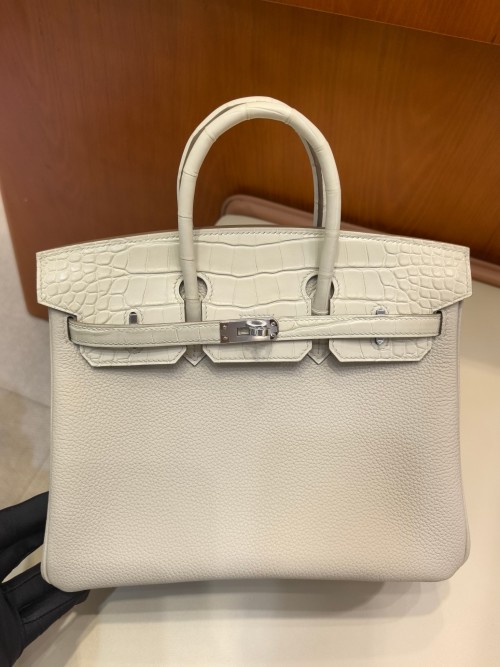 Hermès Touch BK 25cm White Alligator & Togo Calfskin Leather Handbag