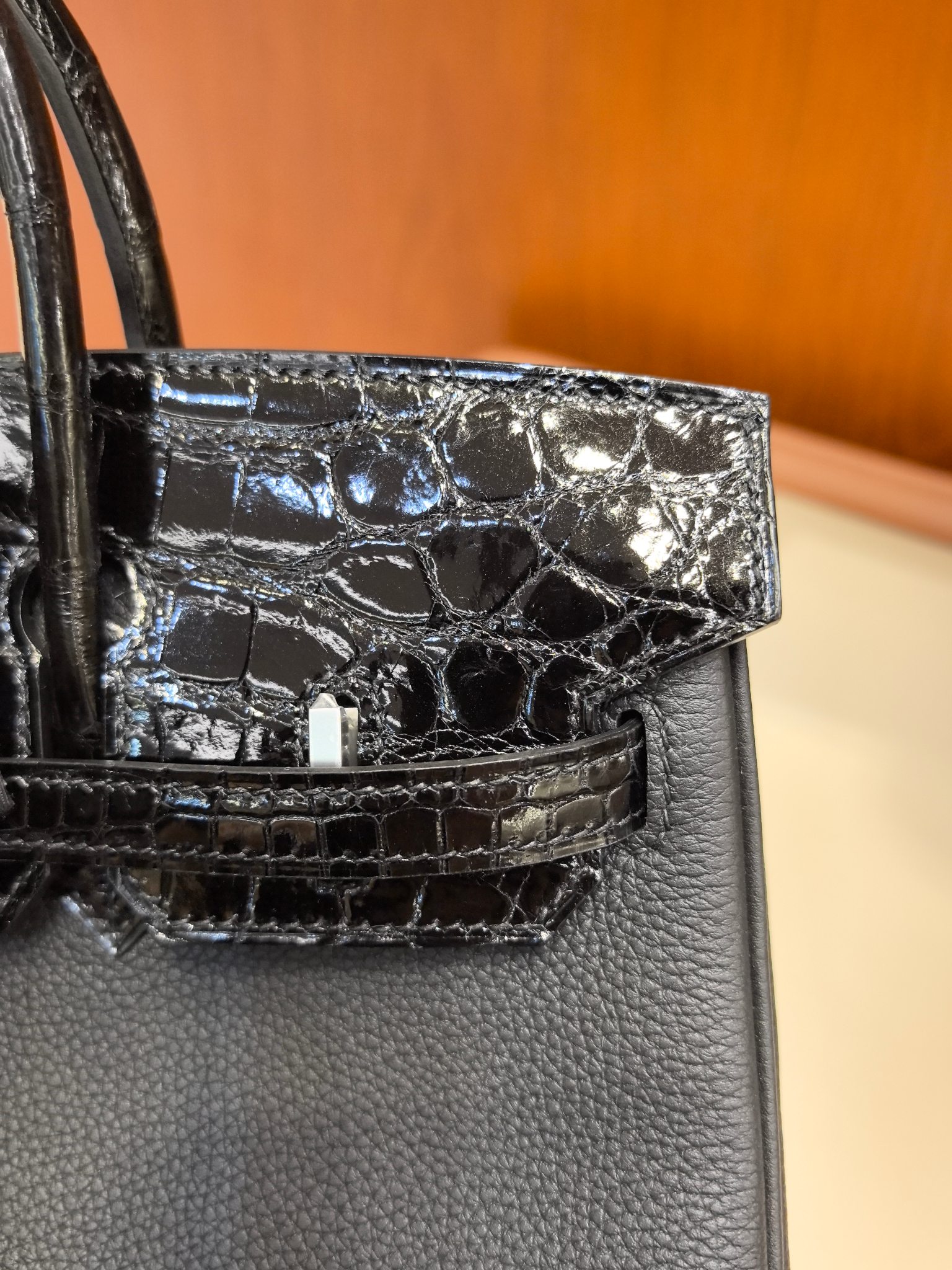 תיק יד שחורה Hermes Birkin 25 ס"מ עור נילוס ועור Togo שחור, סיכות כסף כסף 5 a1746865411672 0365