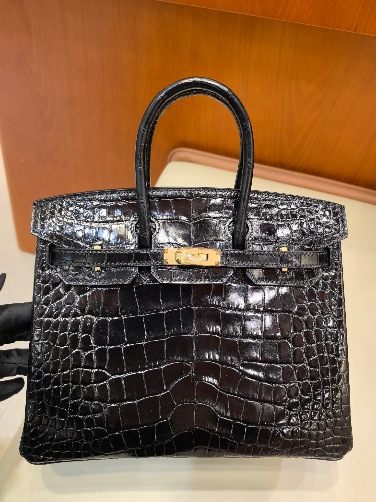 Hermès Birkin 25 Zwart Alligator Goudkleurige Hardware Handgemaakte Tas