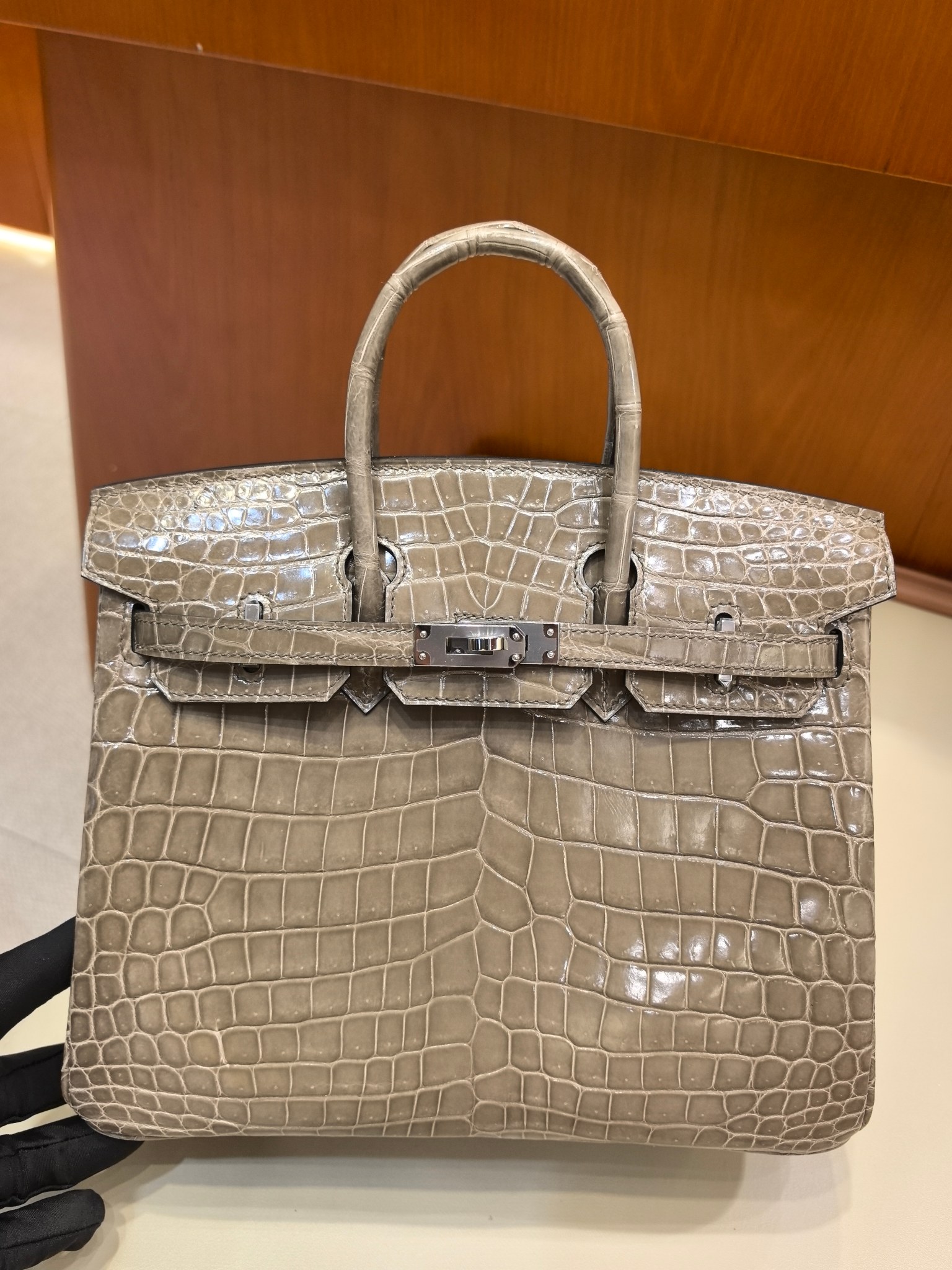 Hermès Birkin 25cm Piel de Cocodrilo Nilo Gris Elefante, Herrajes Plateados