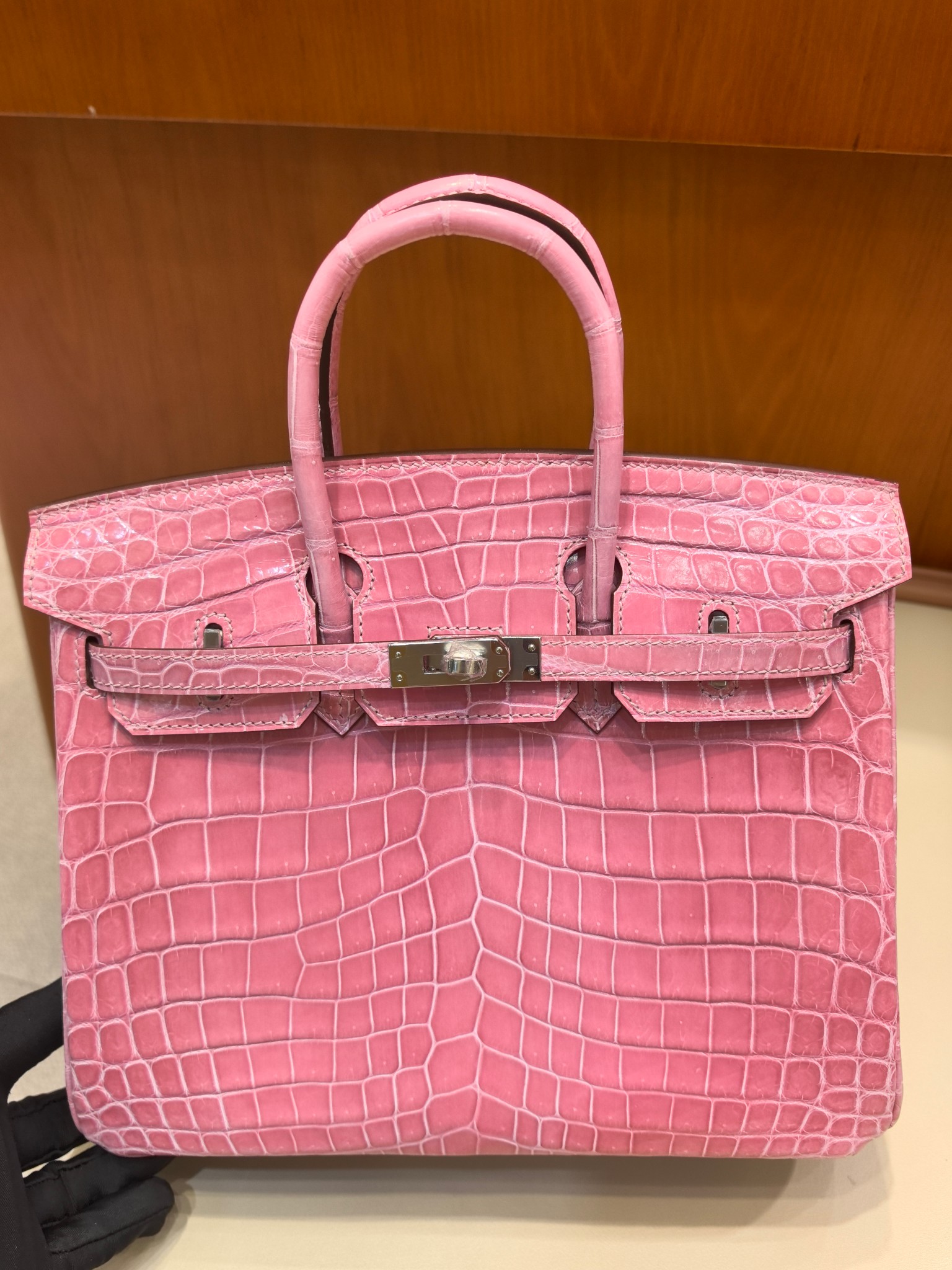 Hermès Birkin 25cm Roze Alligatorleren Tas met Zilveren Hardware