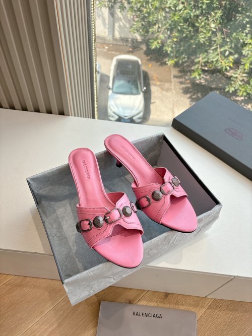 Balenciaga Women's Pink Leather Heeled Sandals With Buckle Detail 1 Balenciaga Women's Pink Leather Heeled Sandals With Buckle Detail