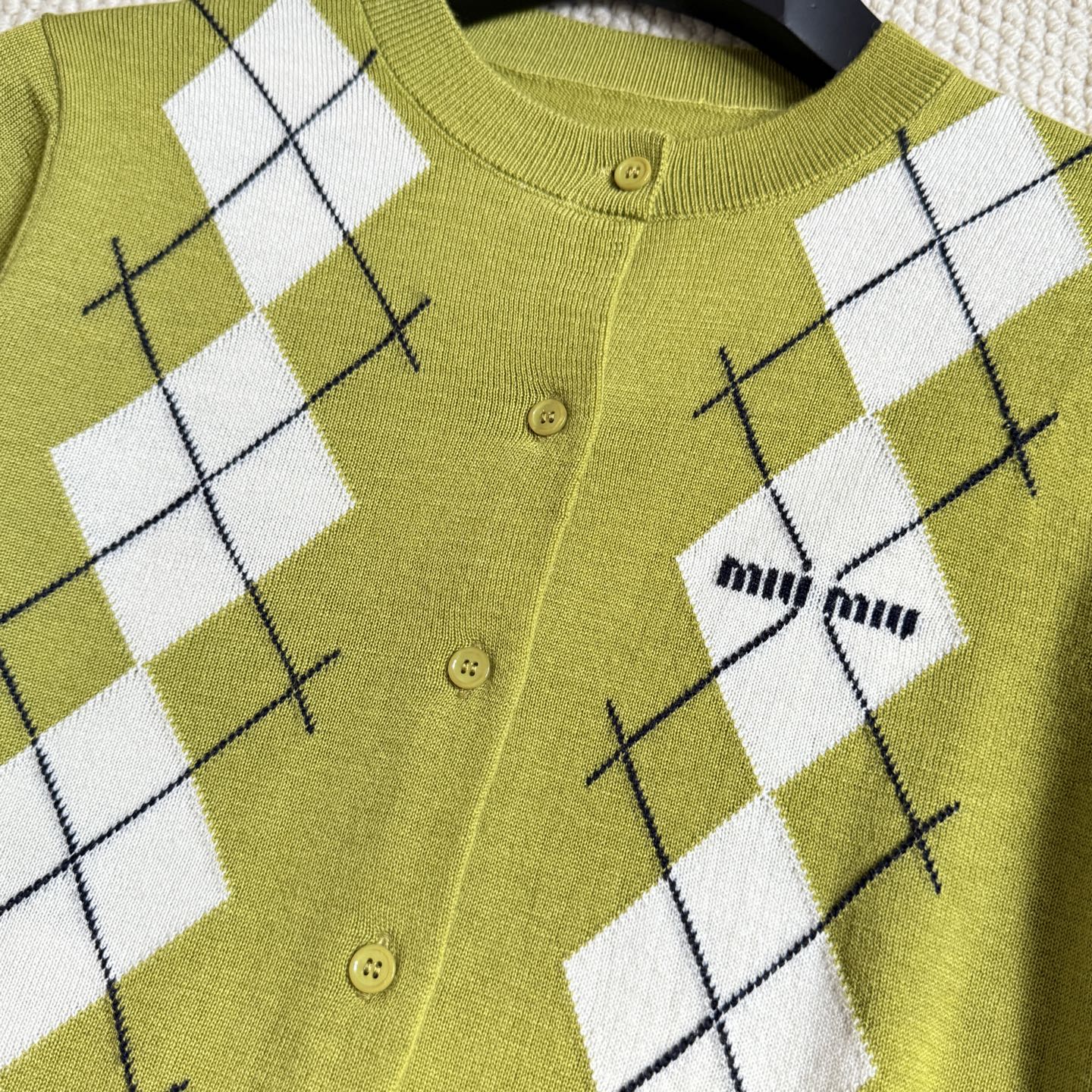 Miu Miu Women's Argyle Knit Cardigan, Round Neck, Fine Wool, Slim Fit 9 i1754885630011 9716 0 7