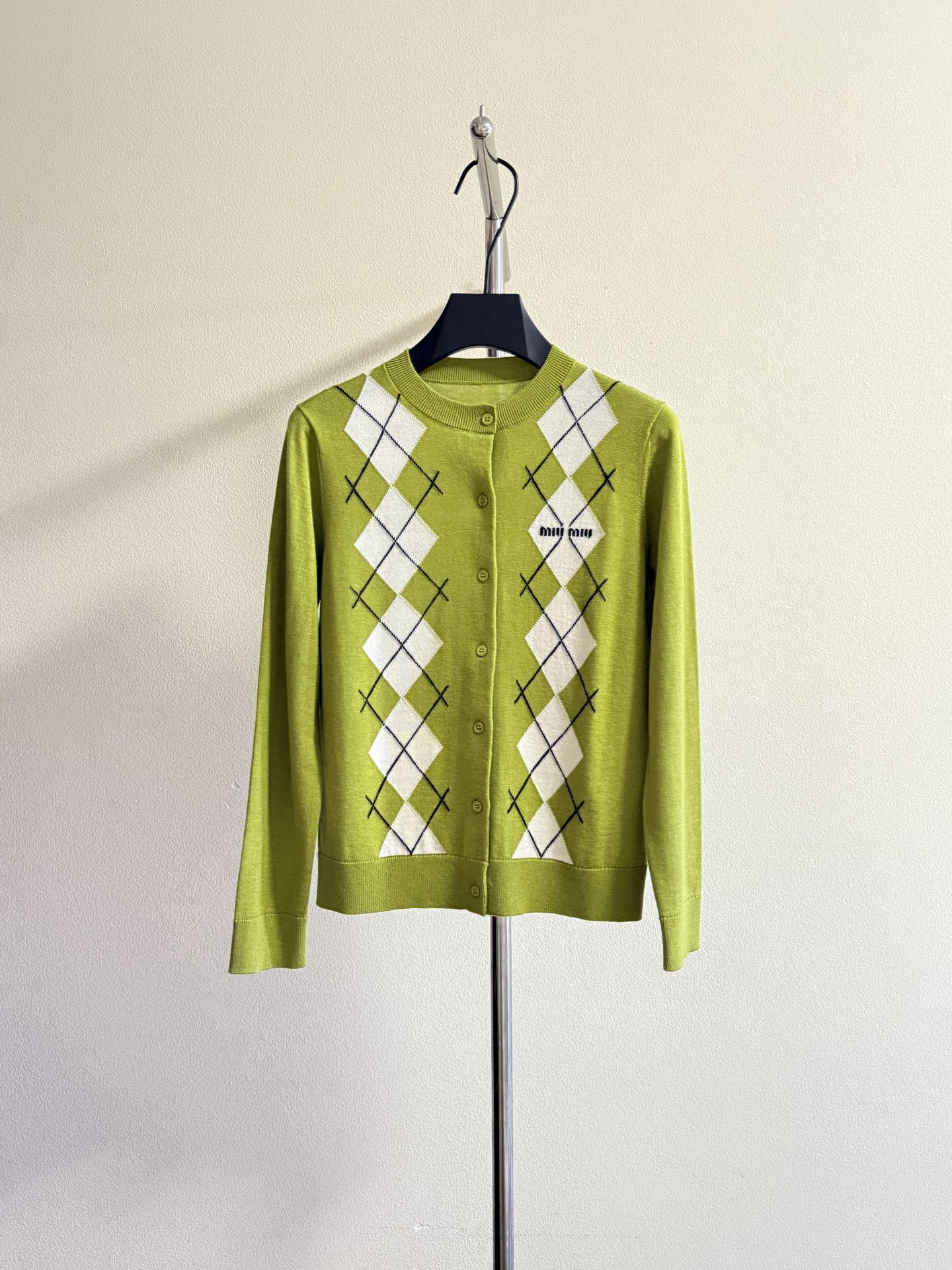 Miu Miu Women's Argyle Knit Cardigan, Round Neck, Fine Wool, Slim Fit 2 i1754885630481 3493 0 0