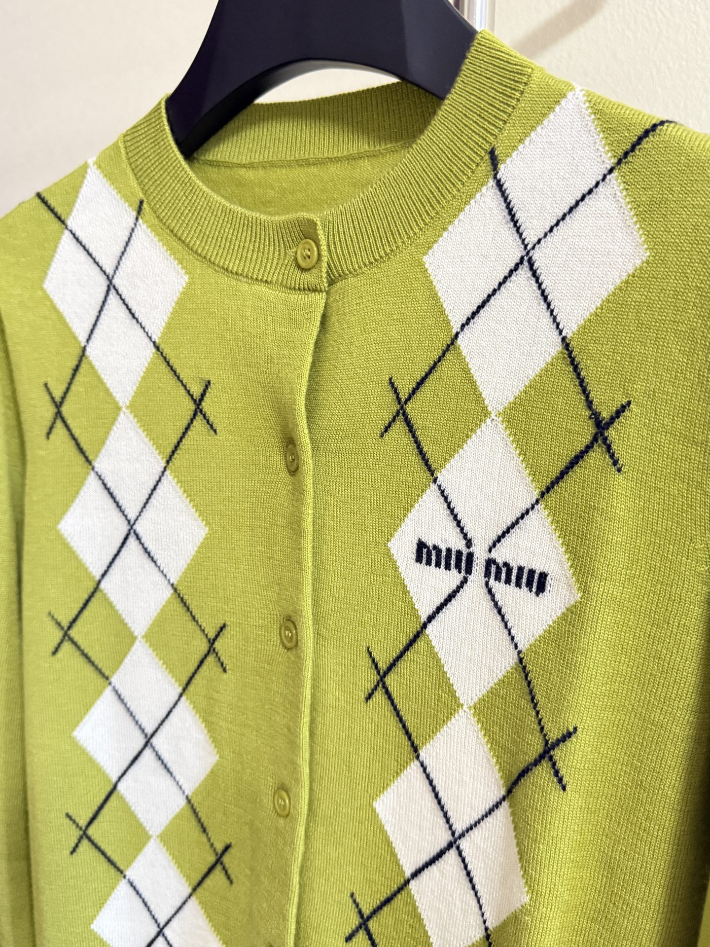 Miu Miu Women's Argyle Knit Cardigan, Round Neck, Fine Wool, Slim Fit 4 i1754885630526 7823 0 2