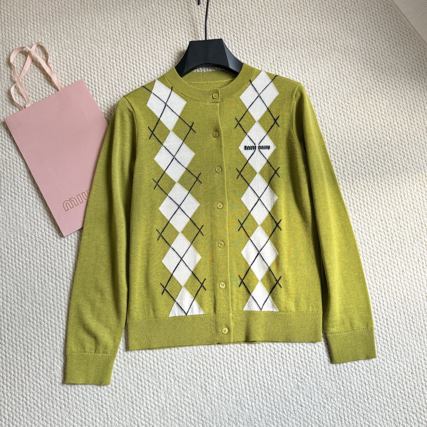 Miu Miu Women's Argyle Knit Cardigan, Round Neck, Fine Wool, Slim Fit 8 i1754885632301 6129 0 6