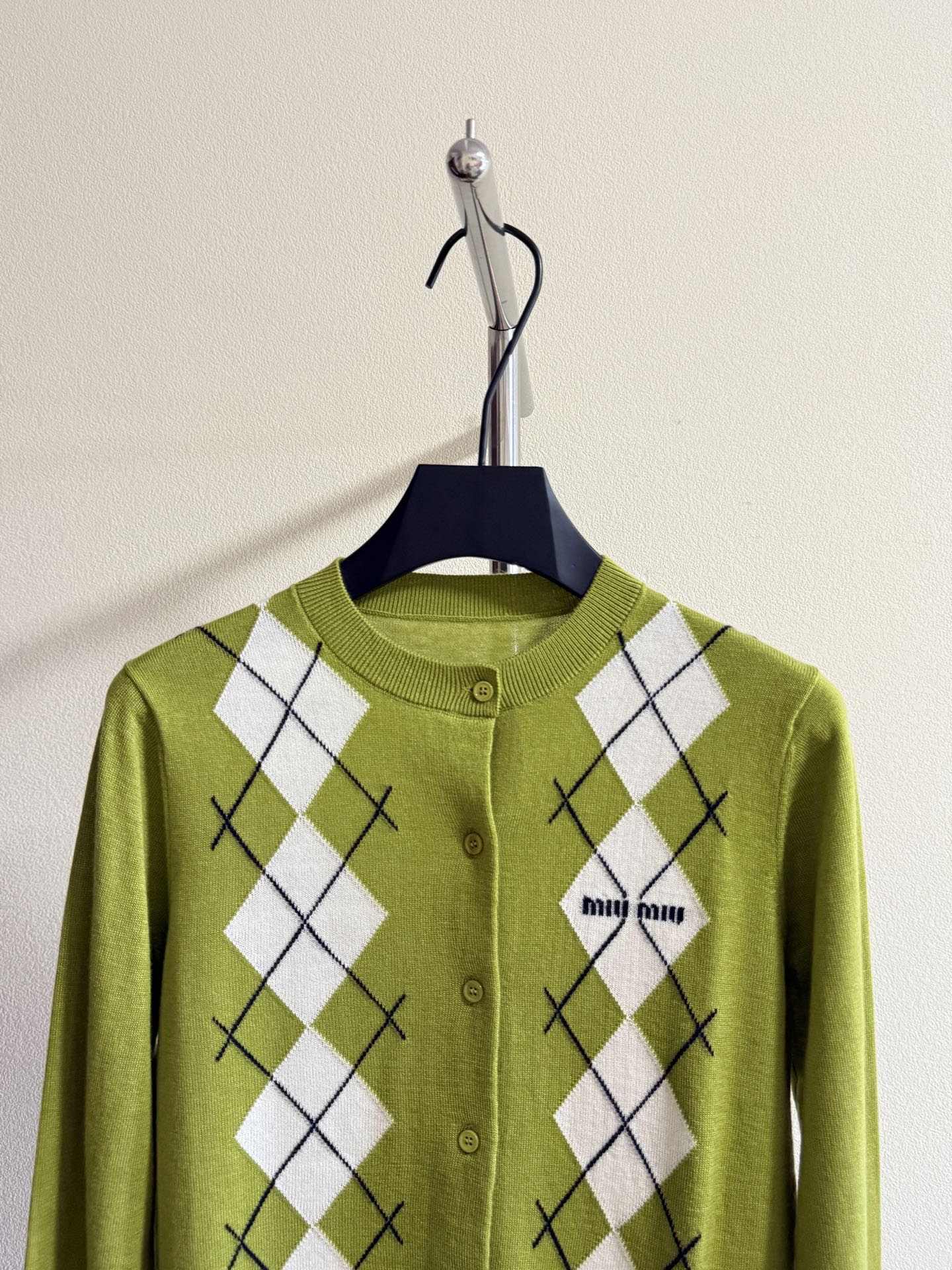 Miu Miu Women's Argyle Knit Cardigan, Round Neck, Fine Wool, Slim Fit 3 i1754885632449 3356 0 1