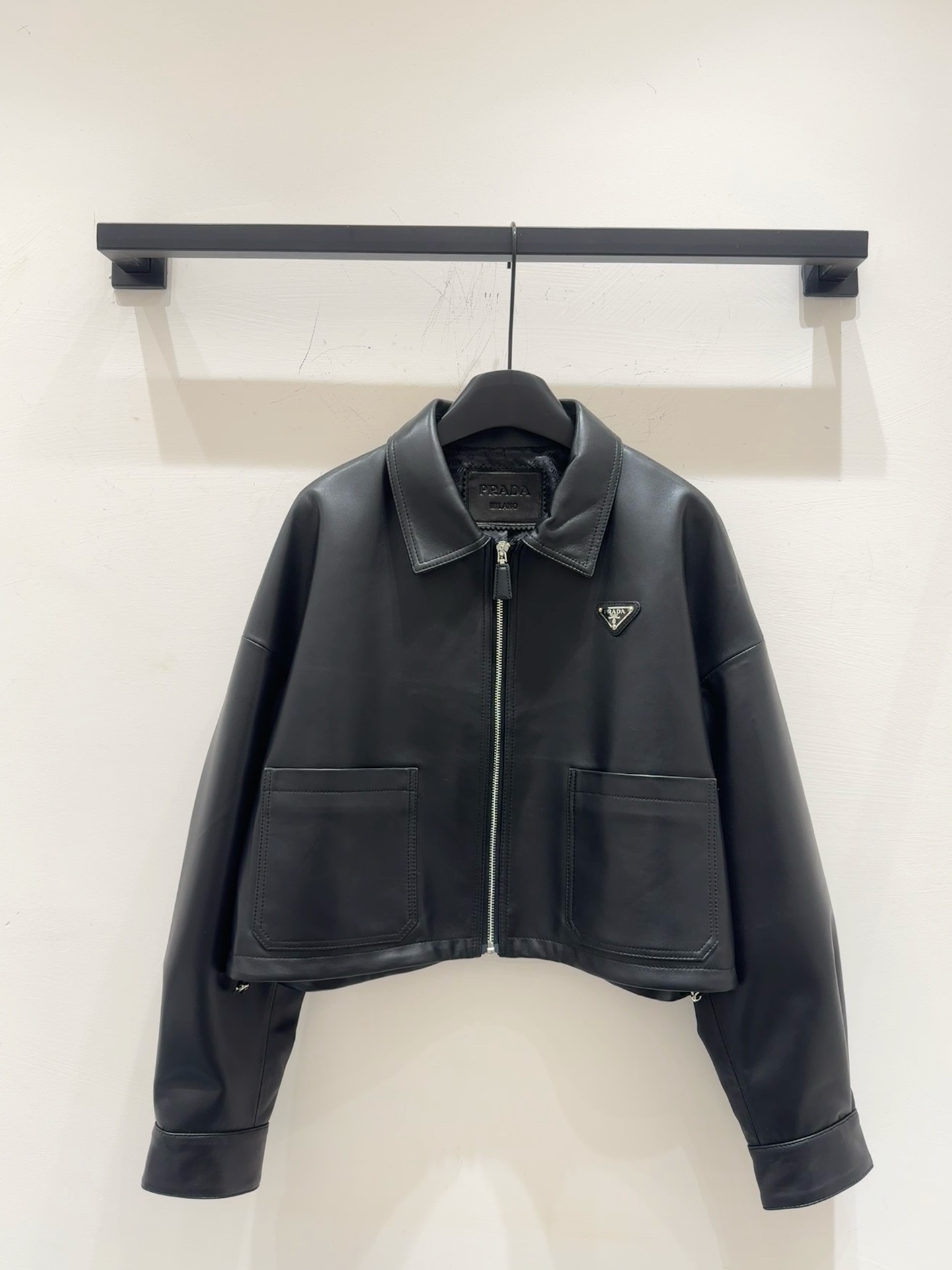 Prada Women's Black Leather Jacket with Classic Triangle Logo - S, M, L, XL